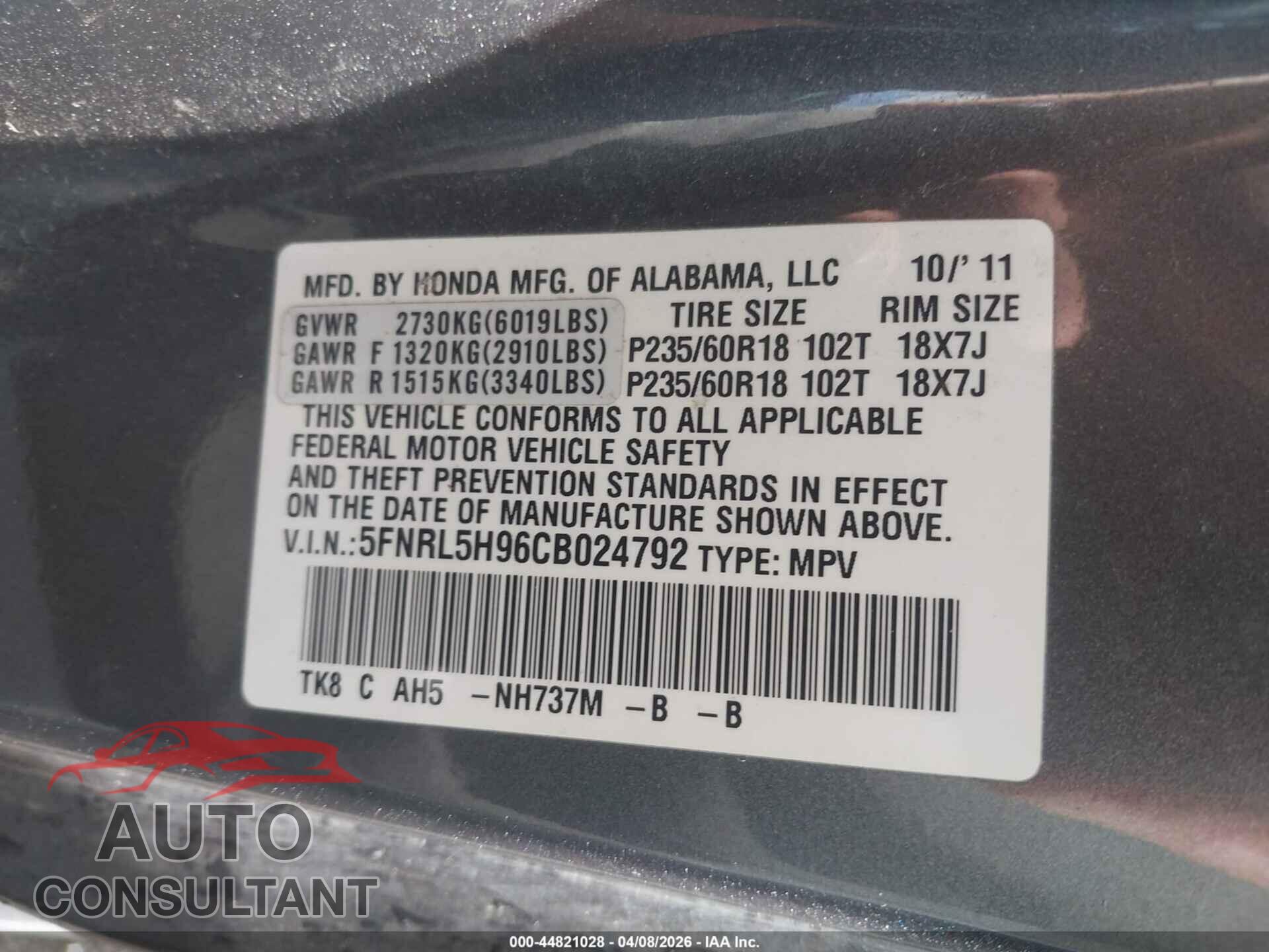 HONDA ODYSSEY 2012 - 5FNRL5H96CB024792
