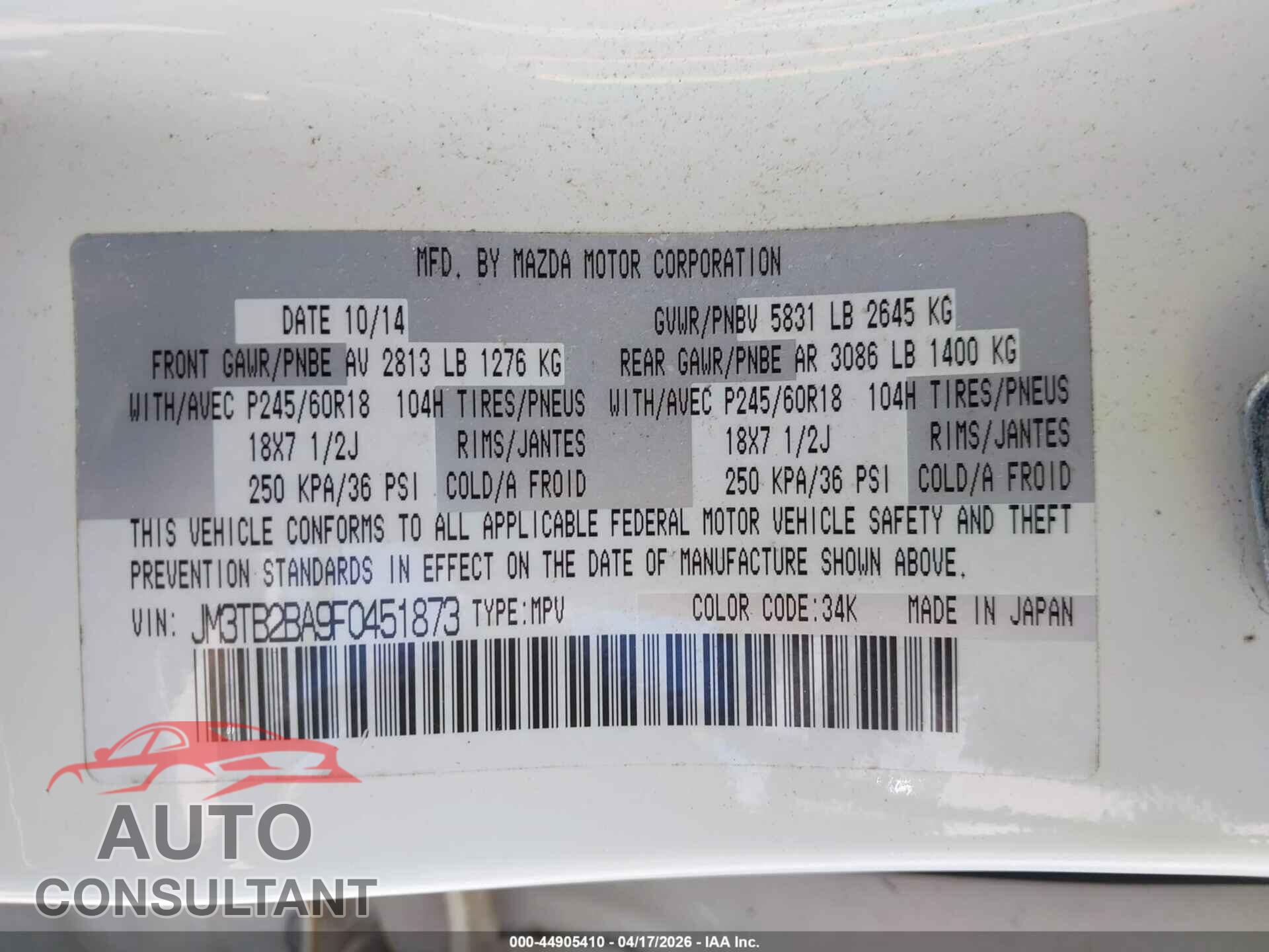 MAZDA CX-9 2015 - JM3TB2BA9F0451873