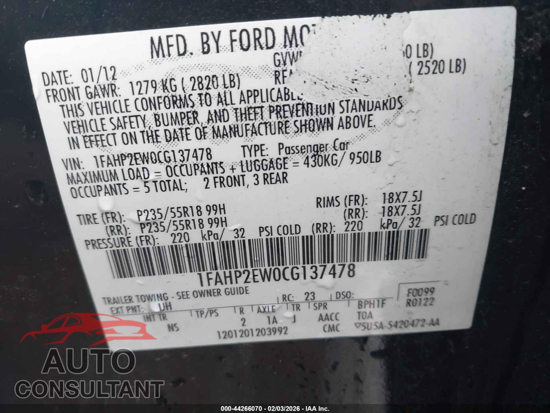 FORD TAURUS 2012 - 1FAHP2EW0CG137478