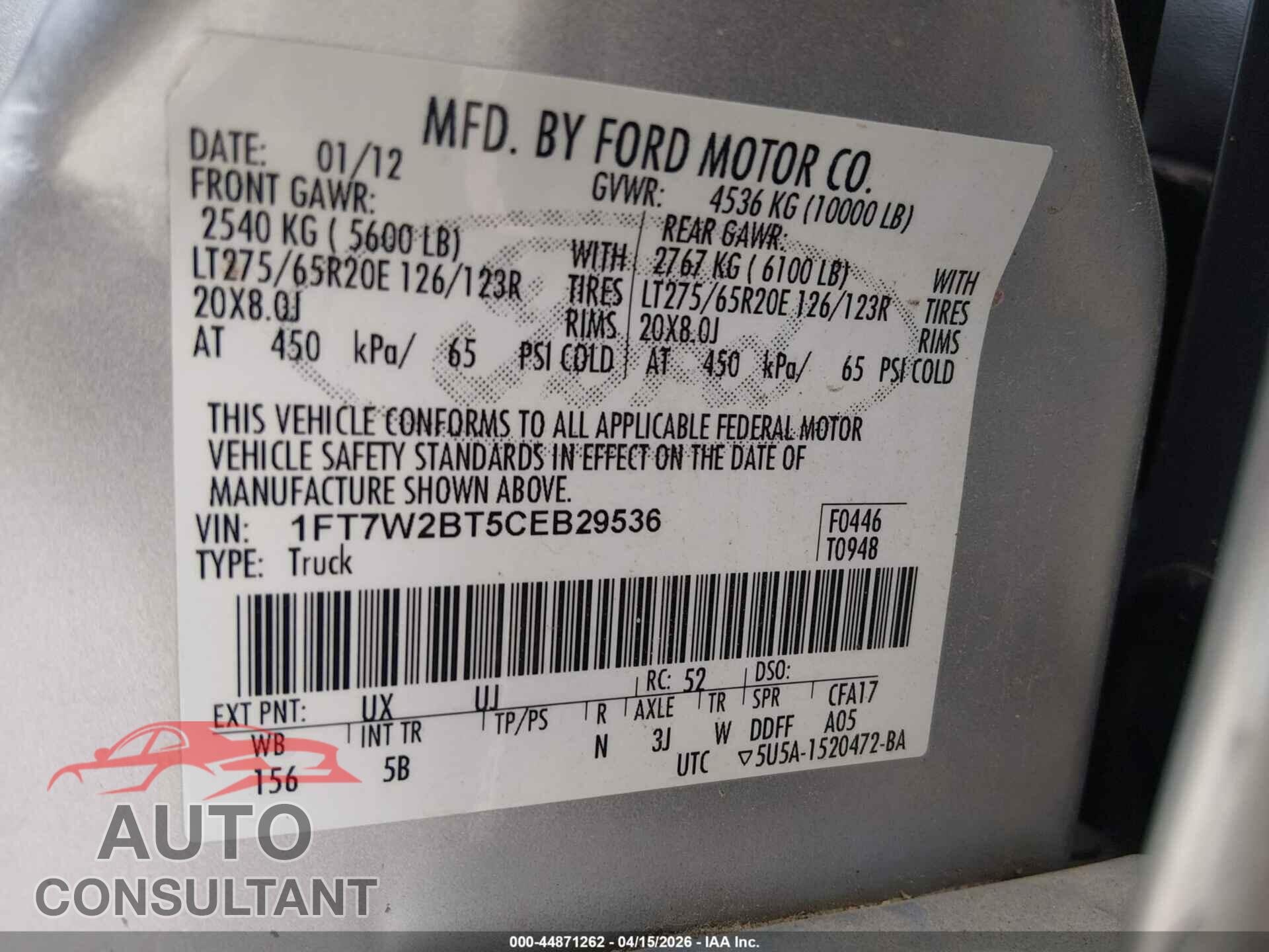 FORD F-250 2012 - 1FT7W2BT5CEB29536
