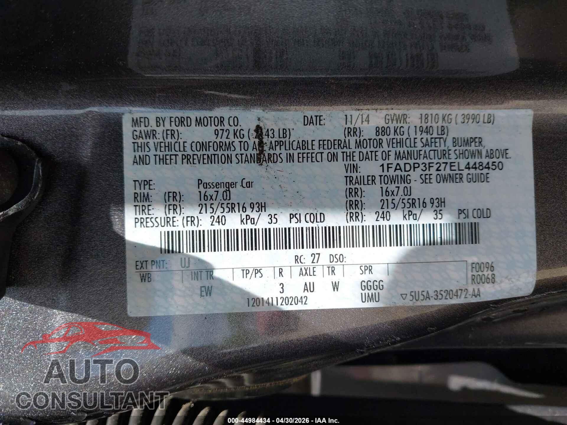 FORD FOCUS 2014 - 1FADP3F27EL448450