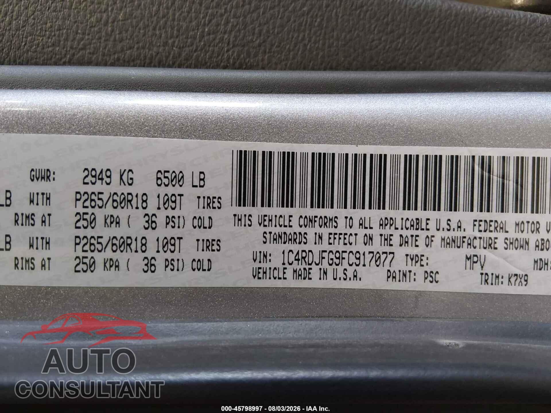 DODGE DURANGO 2015 - 1C4RDJFG9FC917077