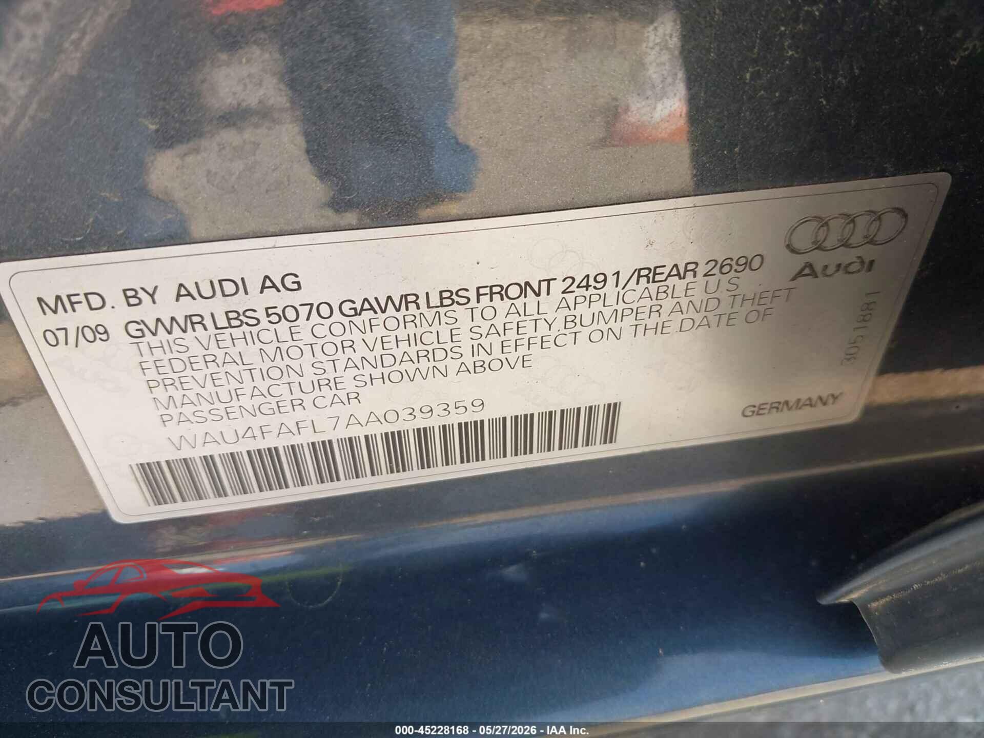 AUDI A4 2010 - WAU4FAFL7AA039359