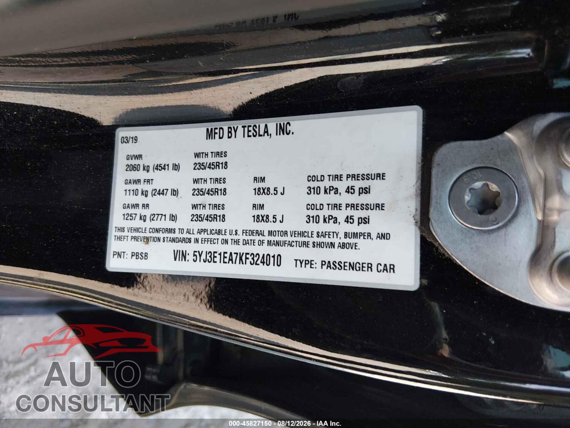 TESLA MODEL 3 2019 - 5YJ3E1EA7KF324010