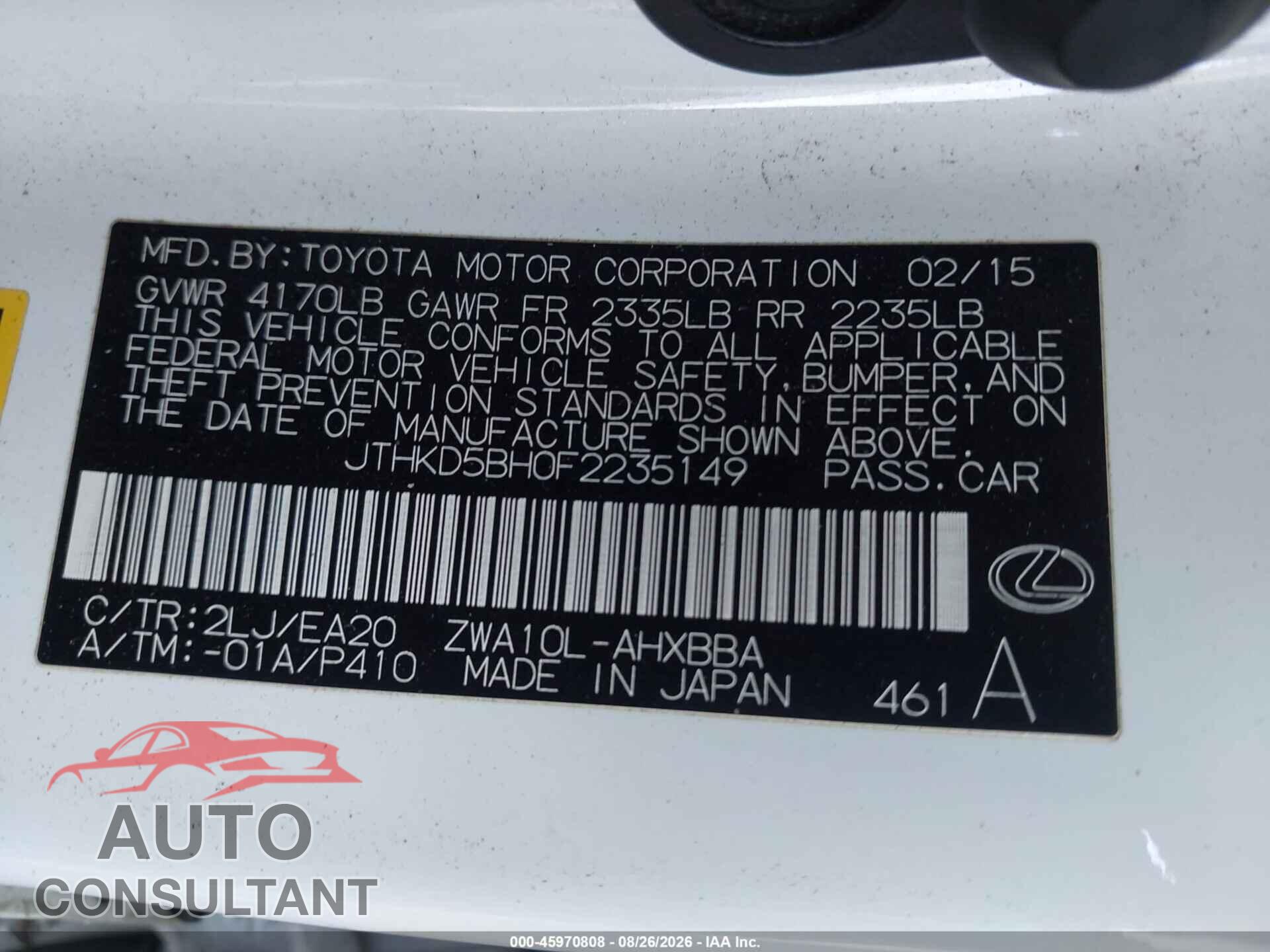 LEXUS CT 200H 2015 - JTHKD5BH0F2235149