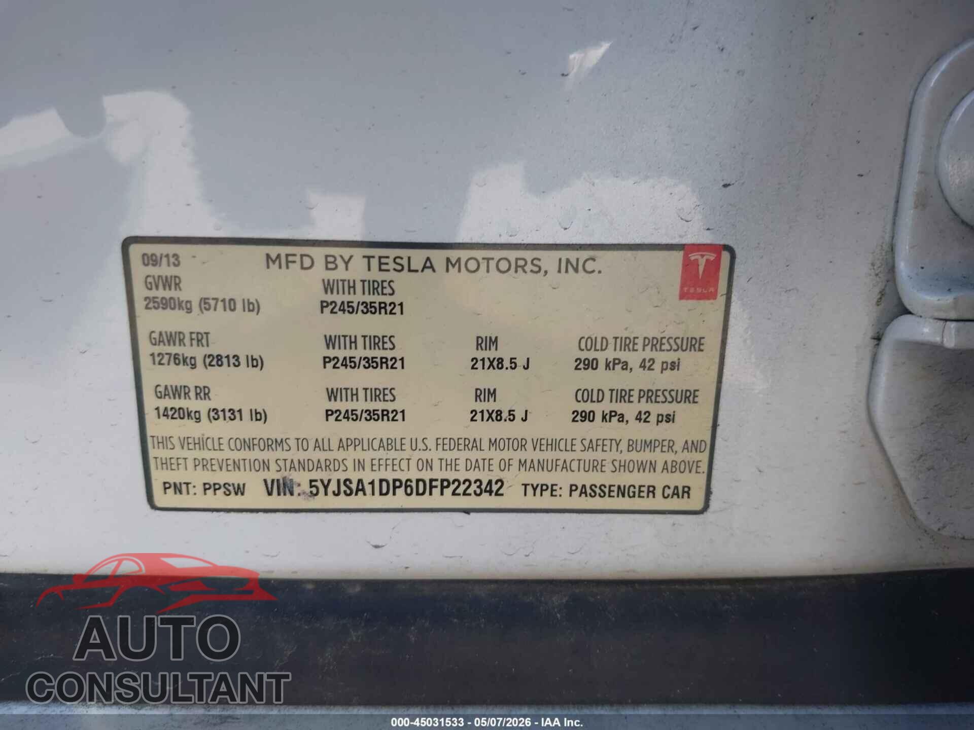 TESLA MODEL S 2013 - 5YJSA1DP6DFP22342
