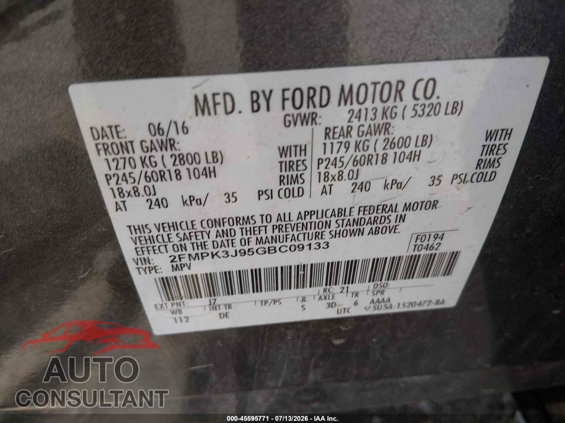 FORD EDGE 2016 - 2FMPK3J95GBC09133