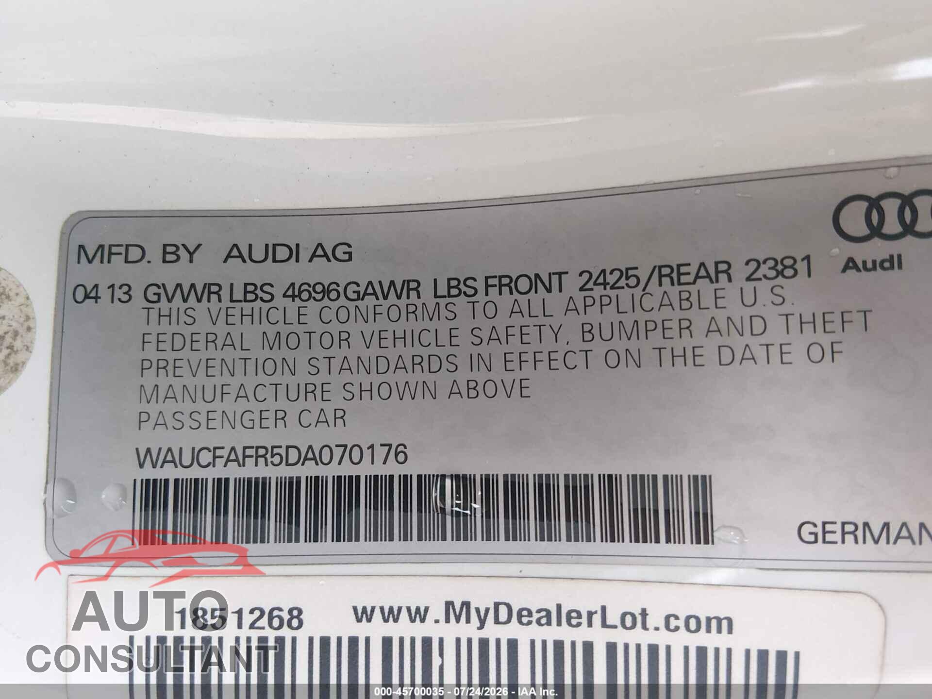 AUDI A5 2013 - WAUCFAFR5DA070176