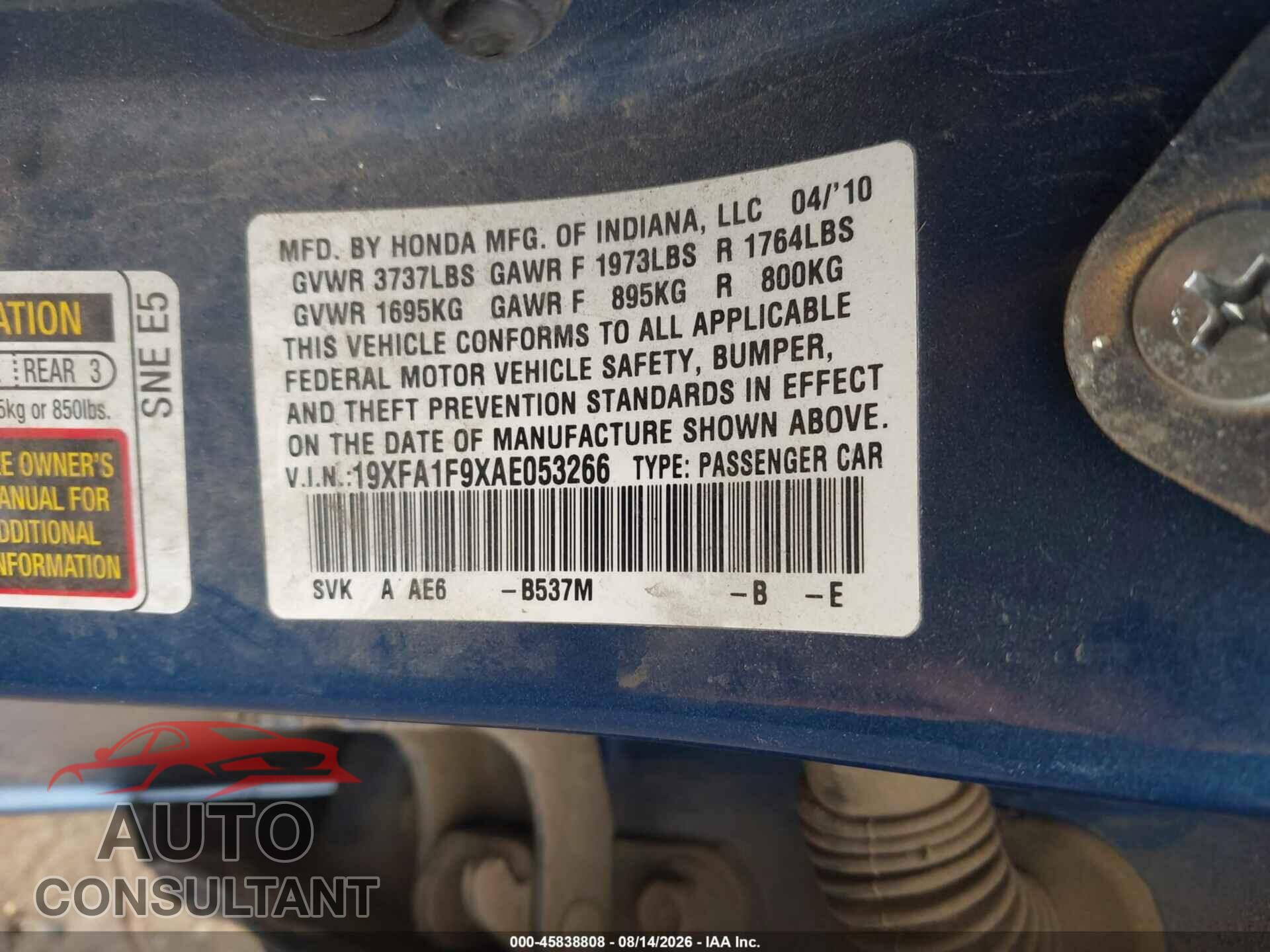 HONDA CIVIC 2010 - 19XFA1F9XAE053266