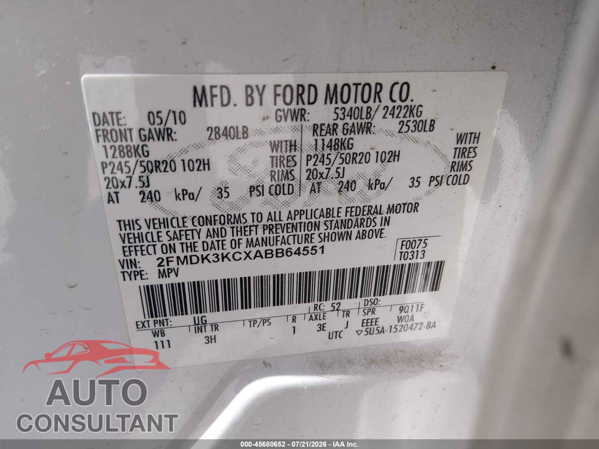FORD EDGE 2010 - 2FMDK3KCXABB64551