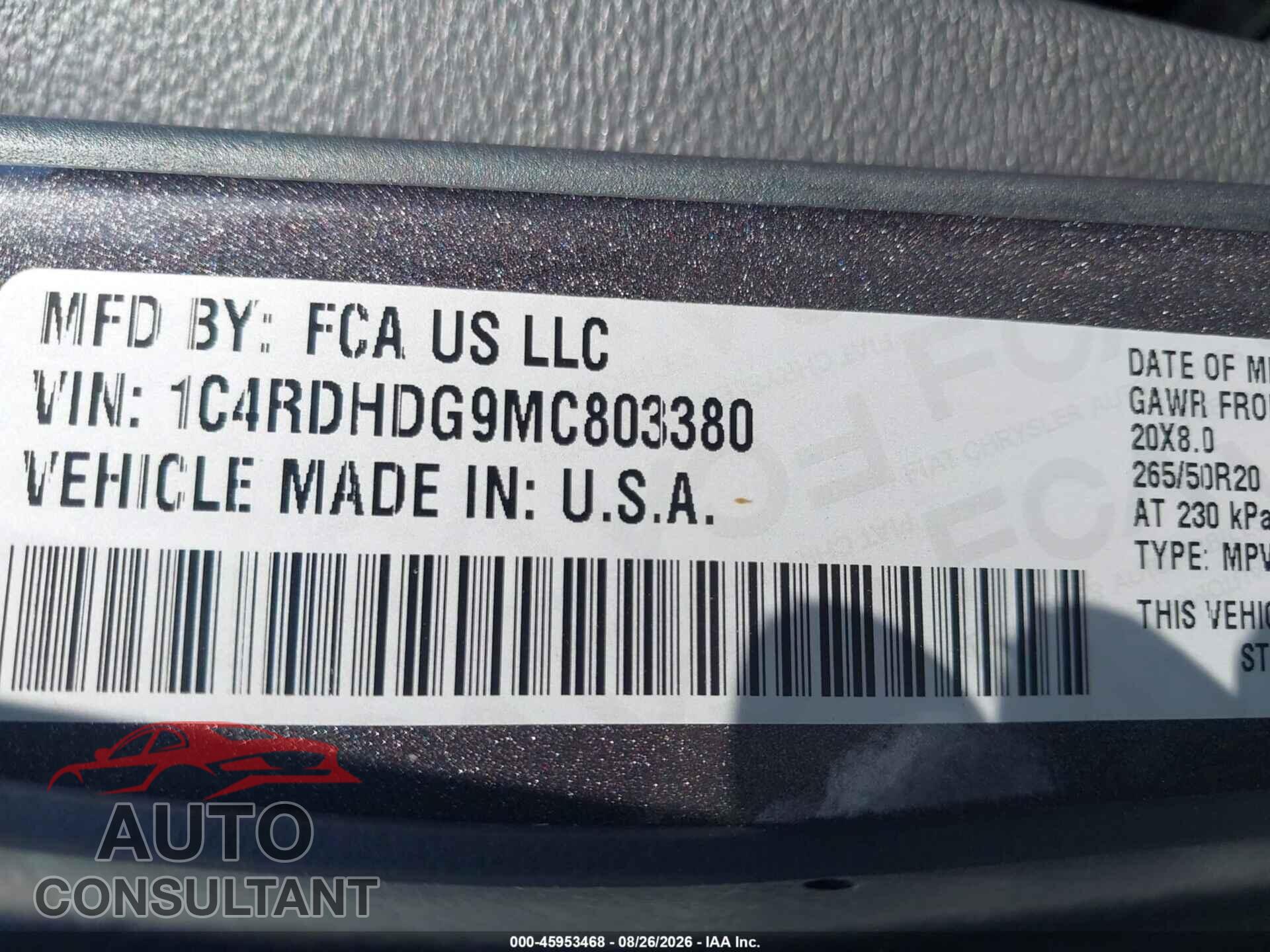 DODGE DURANGO 2021 - 1C4RDHDG9MC803380