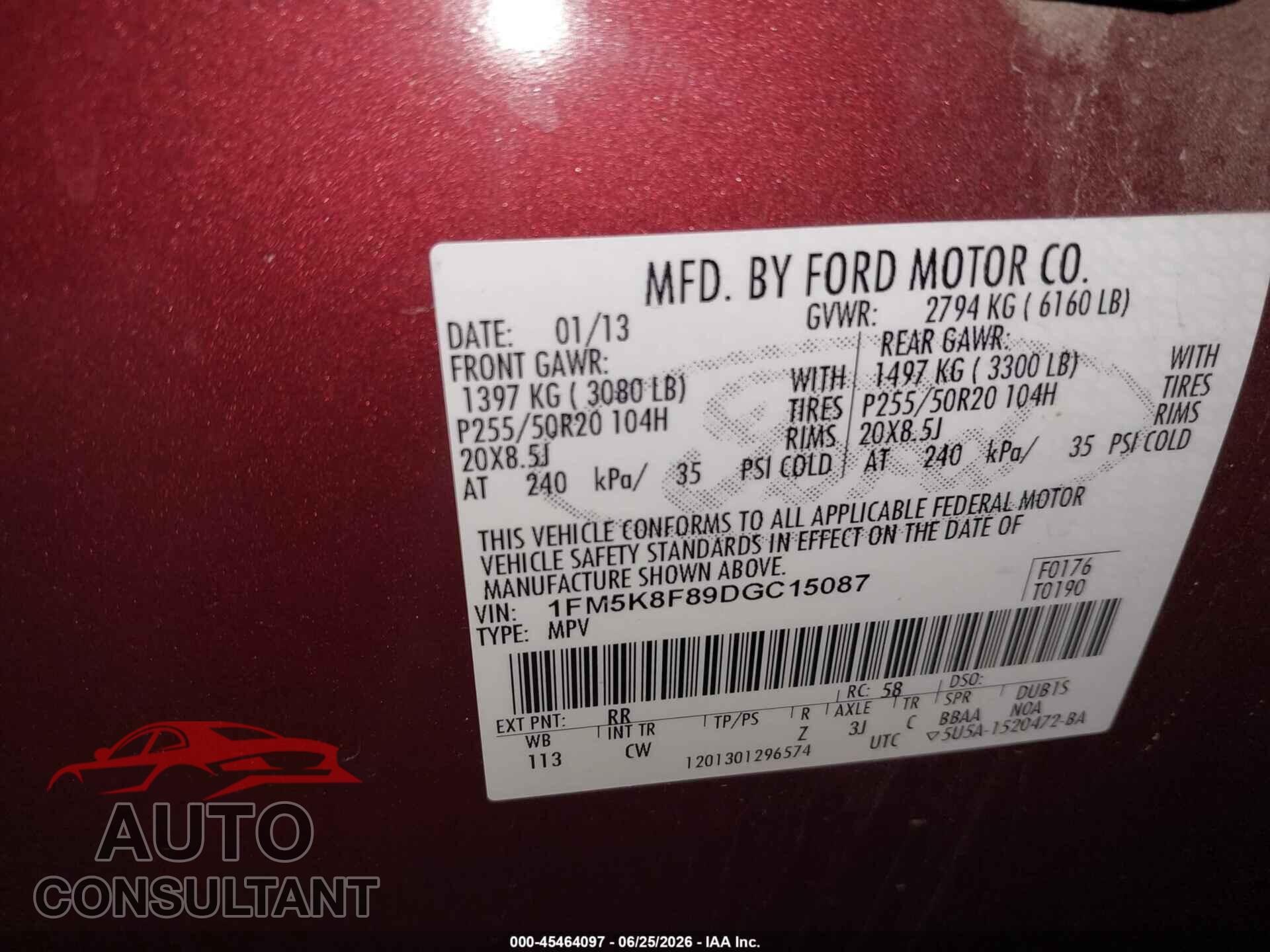 FORD EXPLORER 2013 - 1FM5K8F89DGC15087