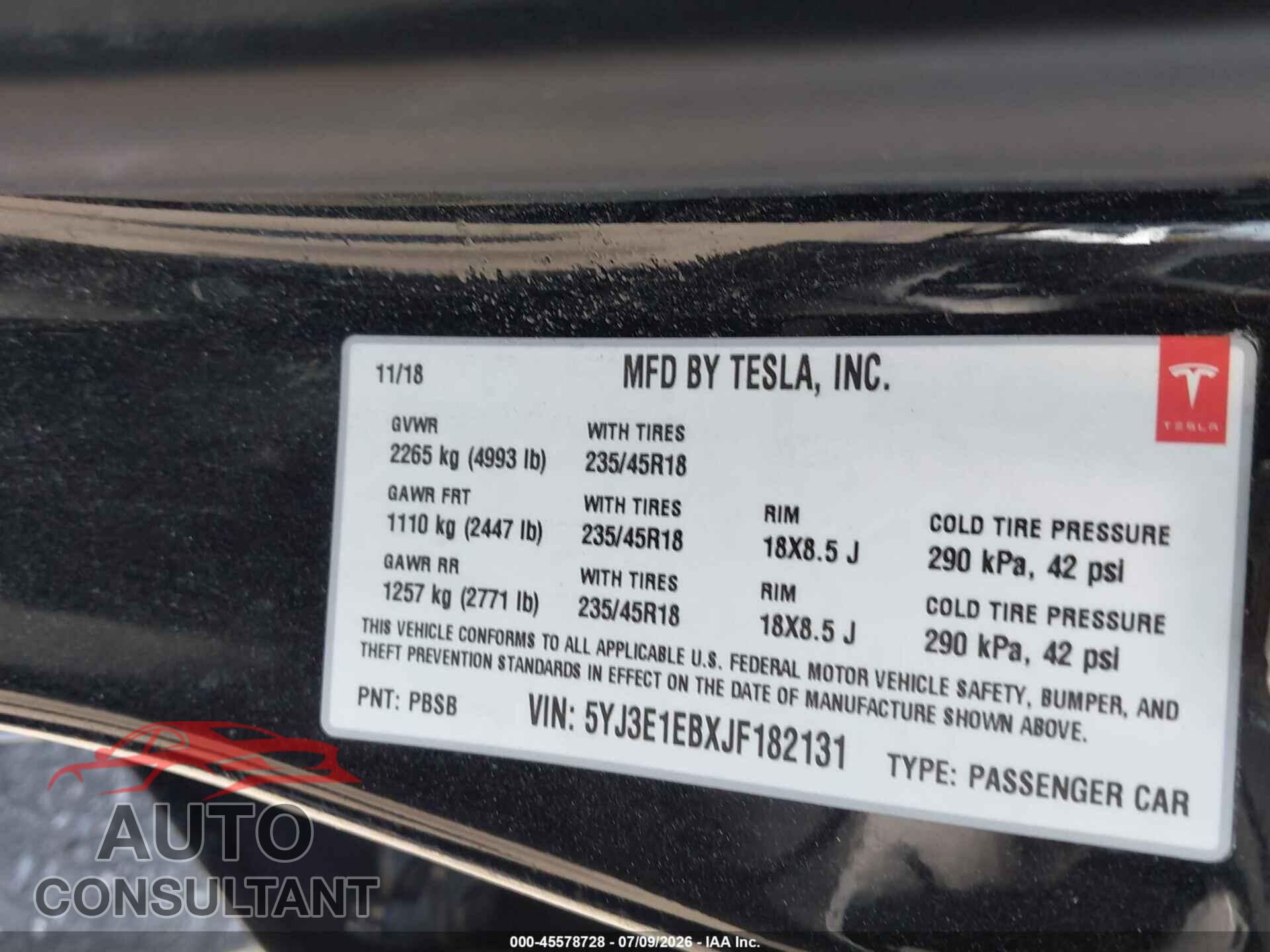 TESLA MODEL 3 2018 - 5YJ3E1EBXJF182131