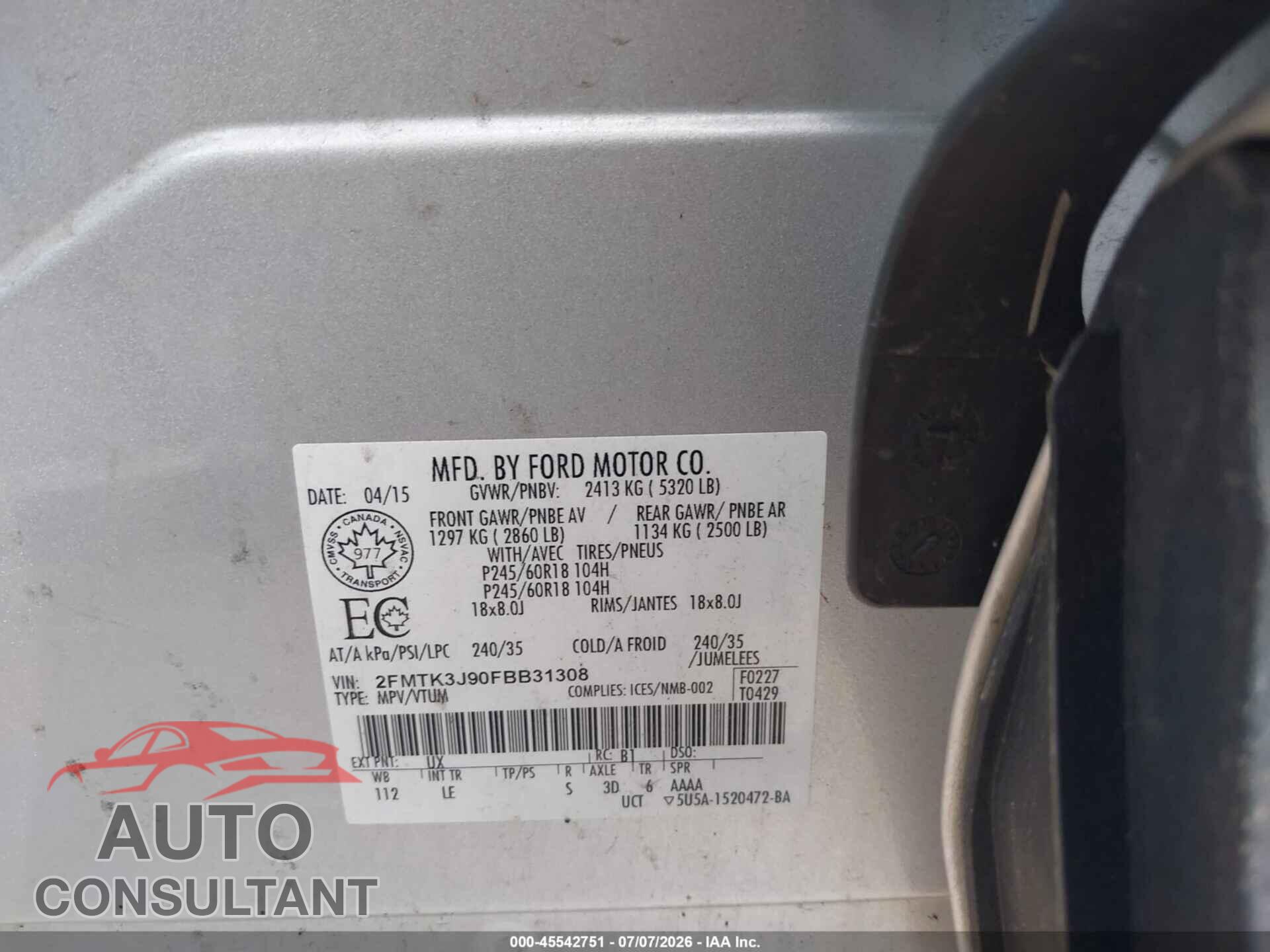 FORD EDGE 2015 - 2FMTK3J90FBB31308
