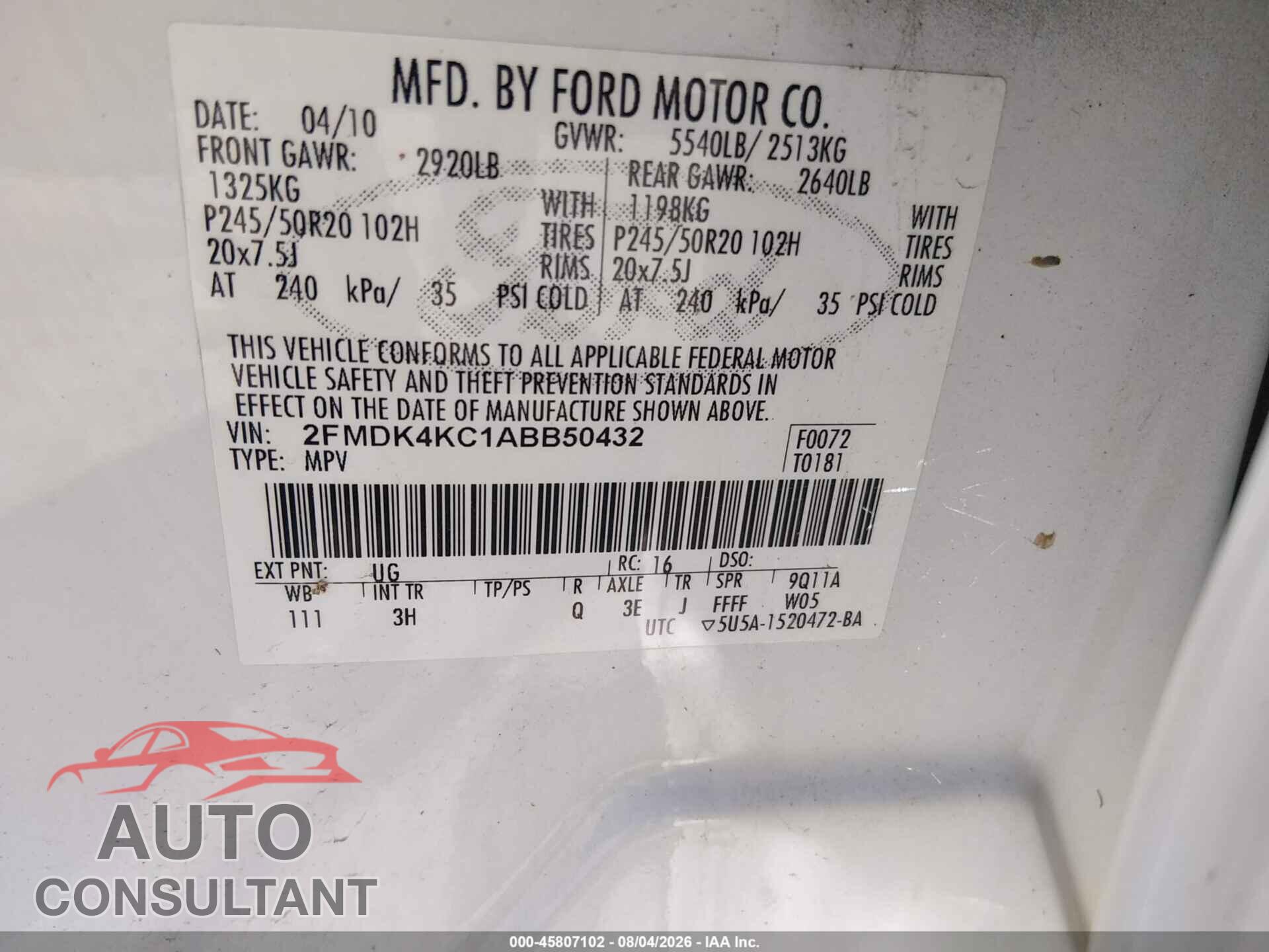 FORD EDGE 2010 - 2FMDK4KC1ABB50432