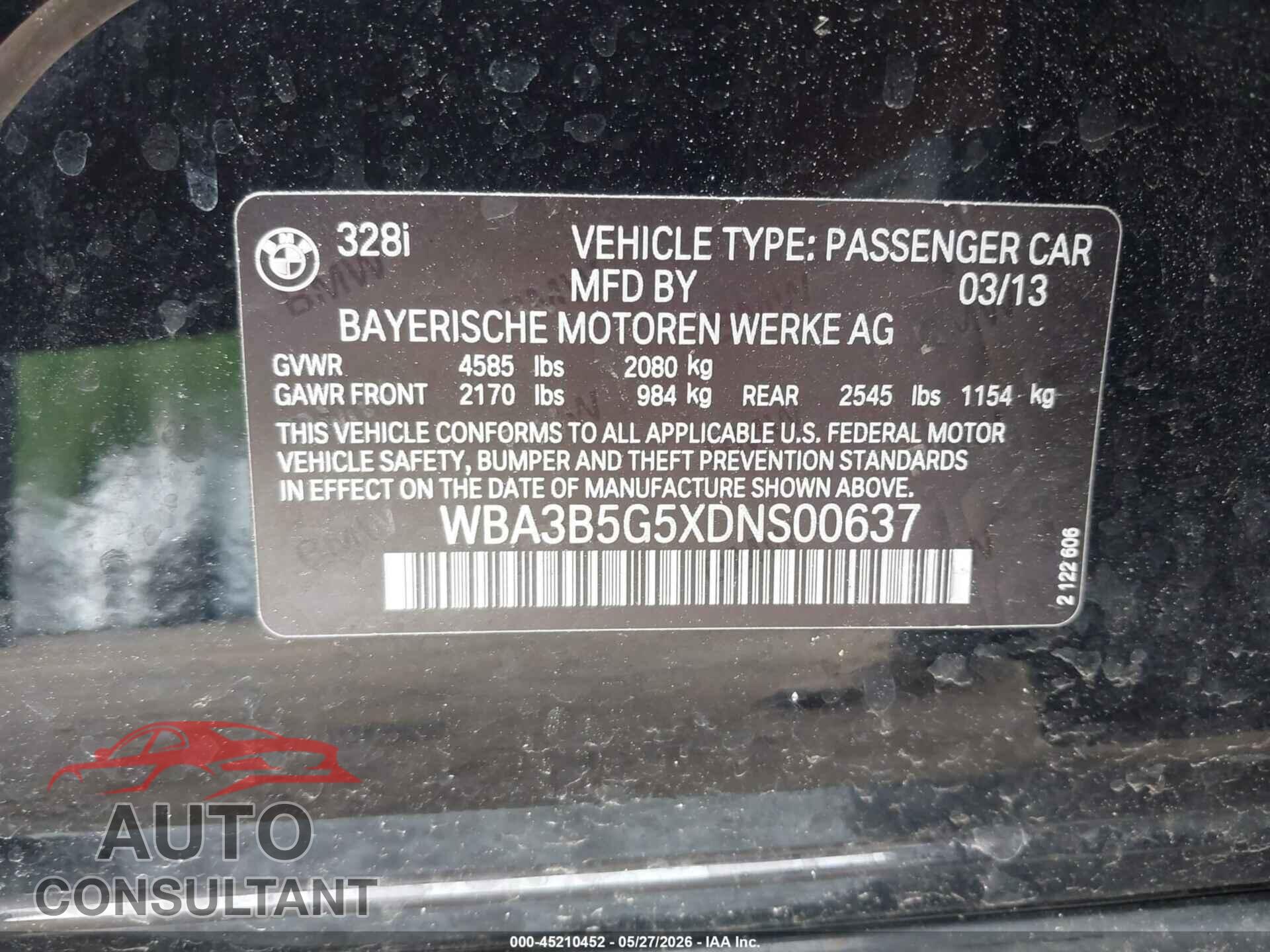 BMW 328I 2013 - WBA3B5G5XDNS00637