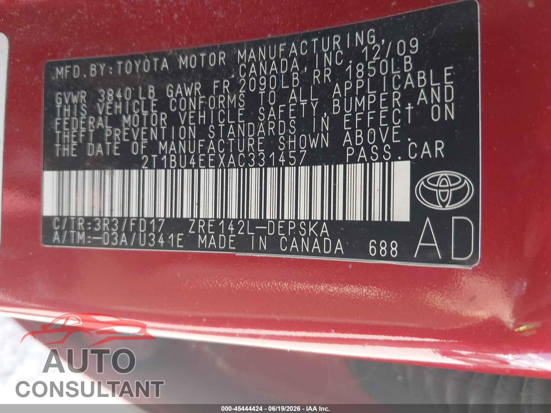 TOYOTA COROLLA 2010 - 2T1BU4EEXAC331457
