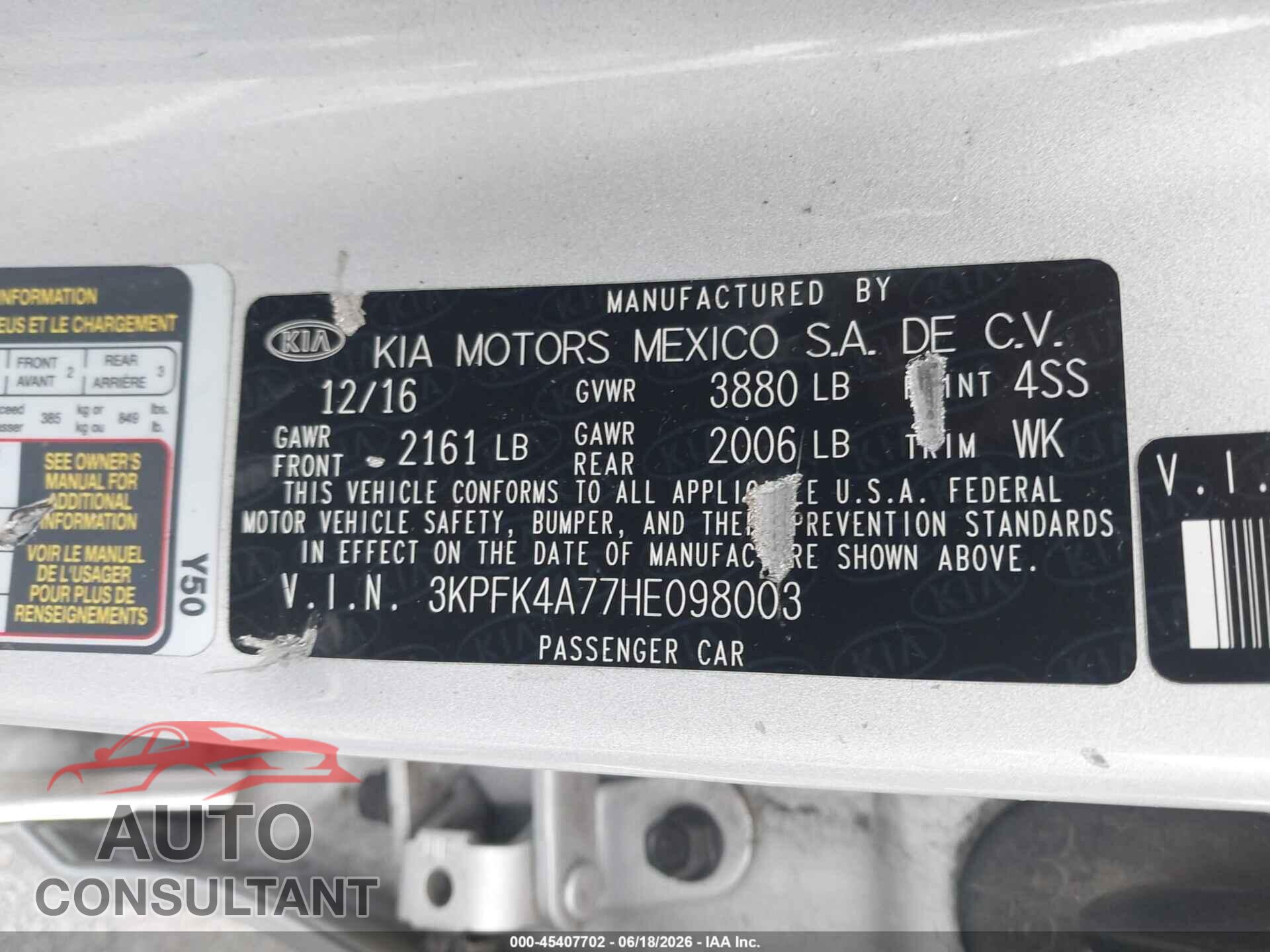 KIA FORTE 2017 - 3KPFK4A77HE098003