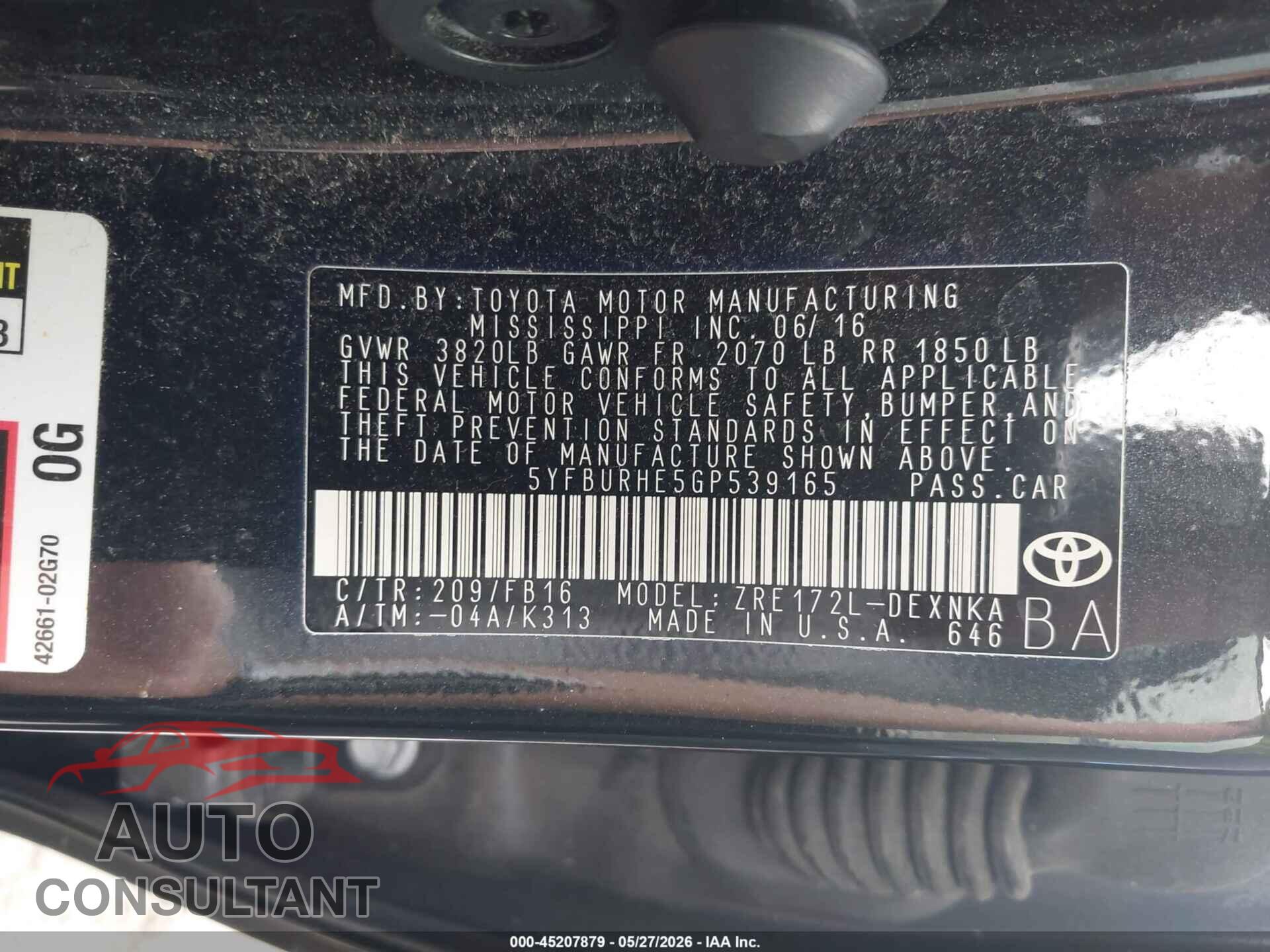 TOYOTA COROLLA 2016 - 5YFBURHE5GP539165