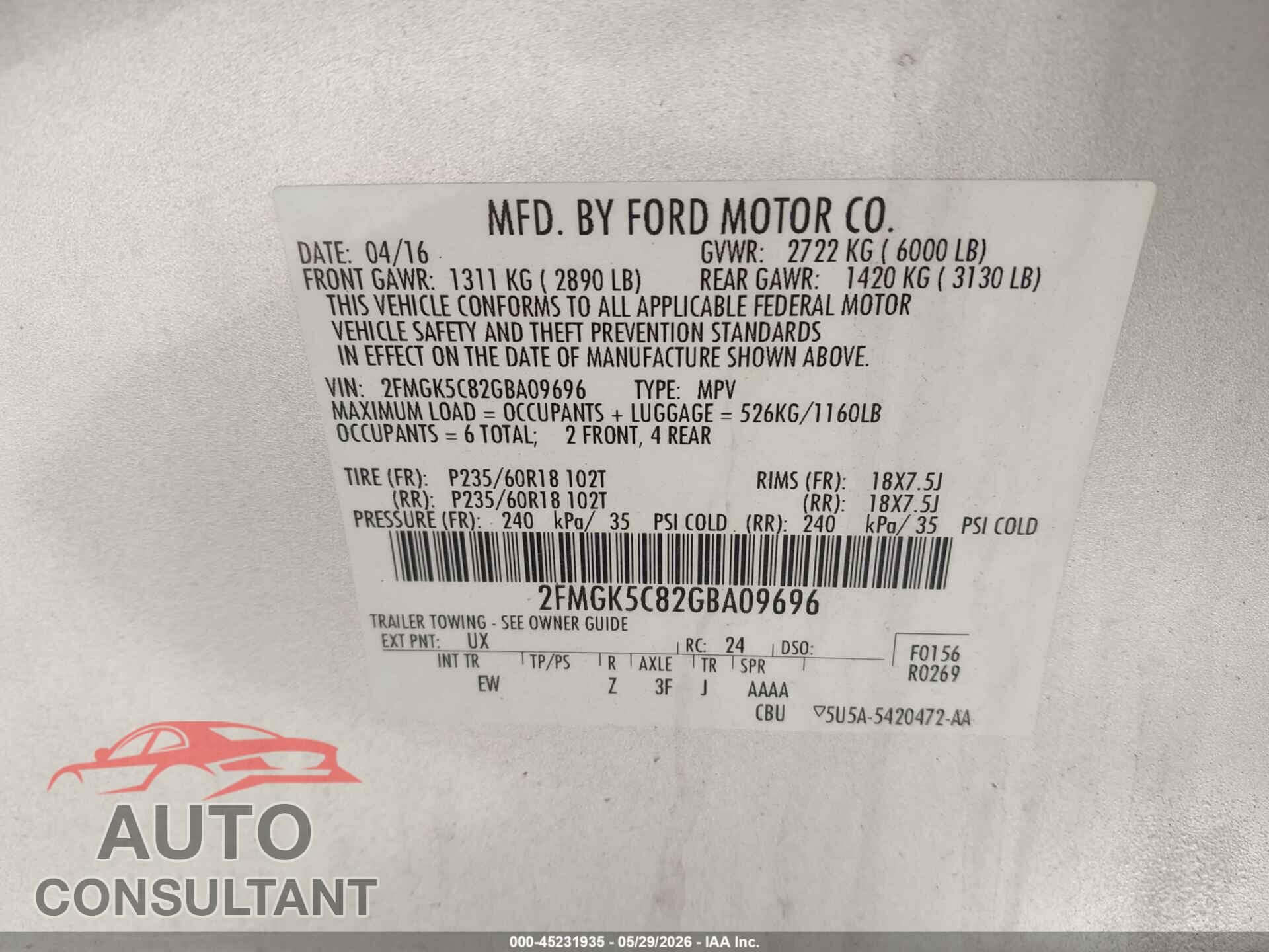 FORD FLEX 2016 - 2FMGK5C82GBA09696