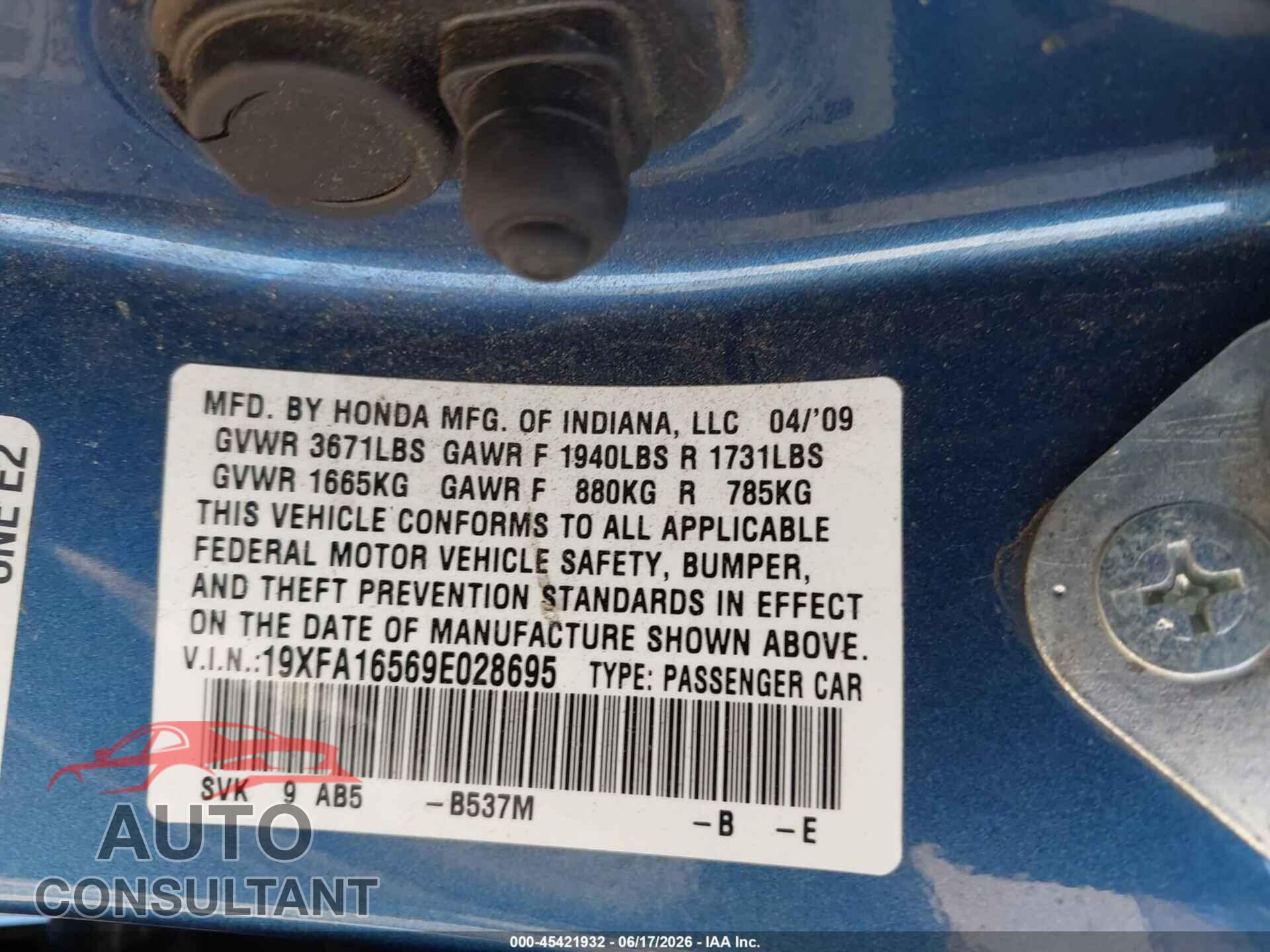 HONDA CIVIC 2009 - 19XFA16569E028695