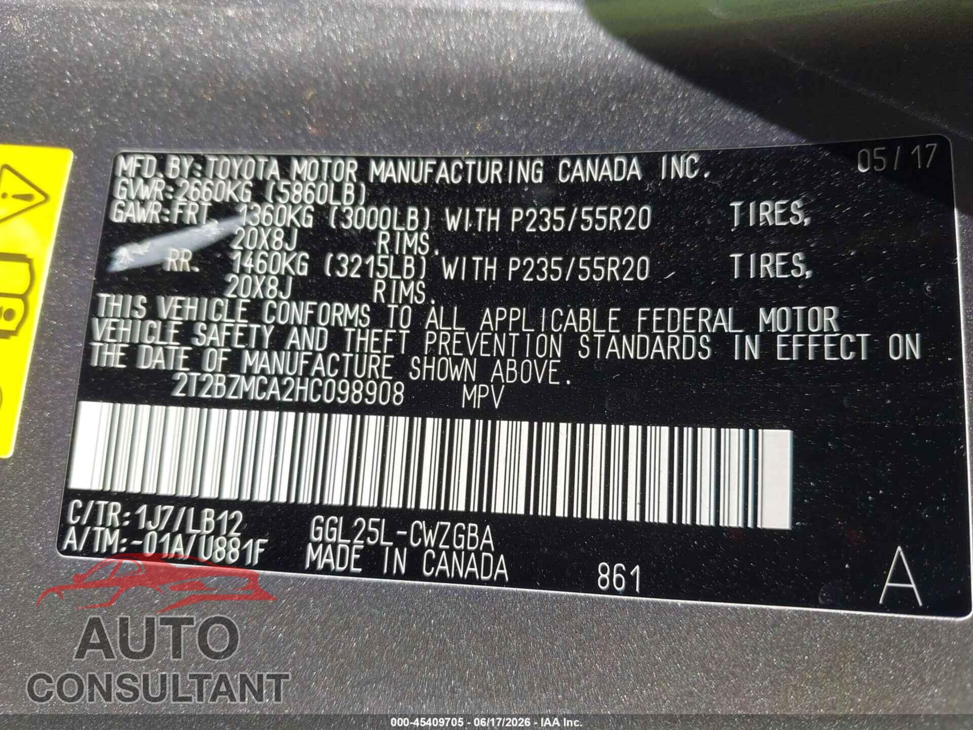 LEXUS RX 350 2017 - 2T2BZMCA2HC098908
