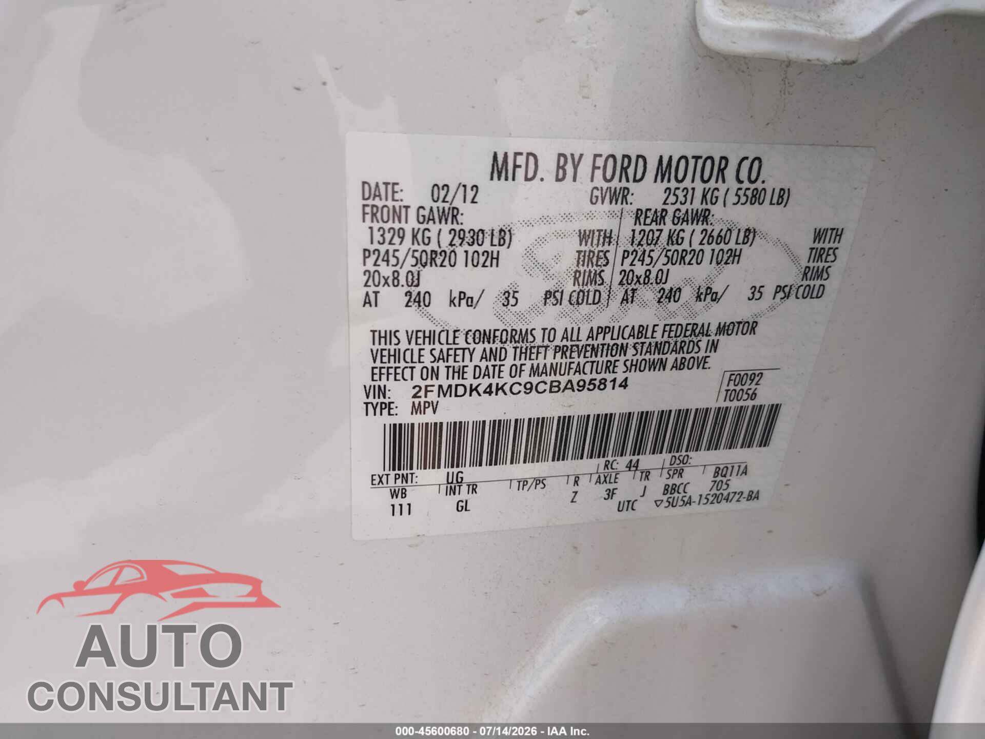 FORD EDGE 2012 - 2FMDK4KC9CBA95814