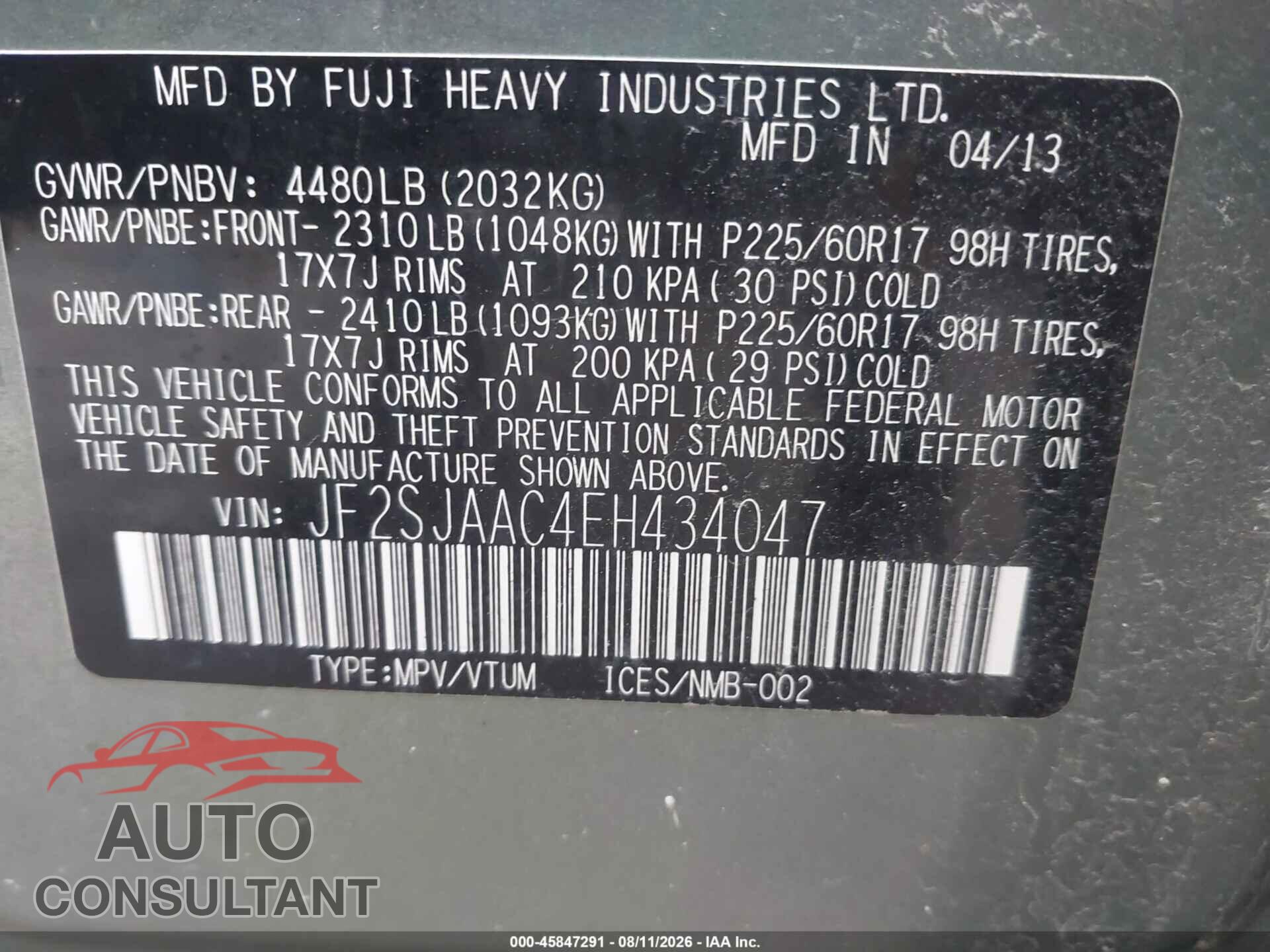 SUBARU FORESTER 2014 - JF2SJAAC4EH434047