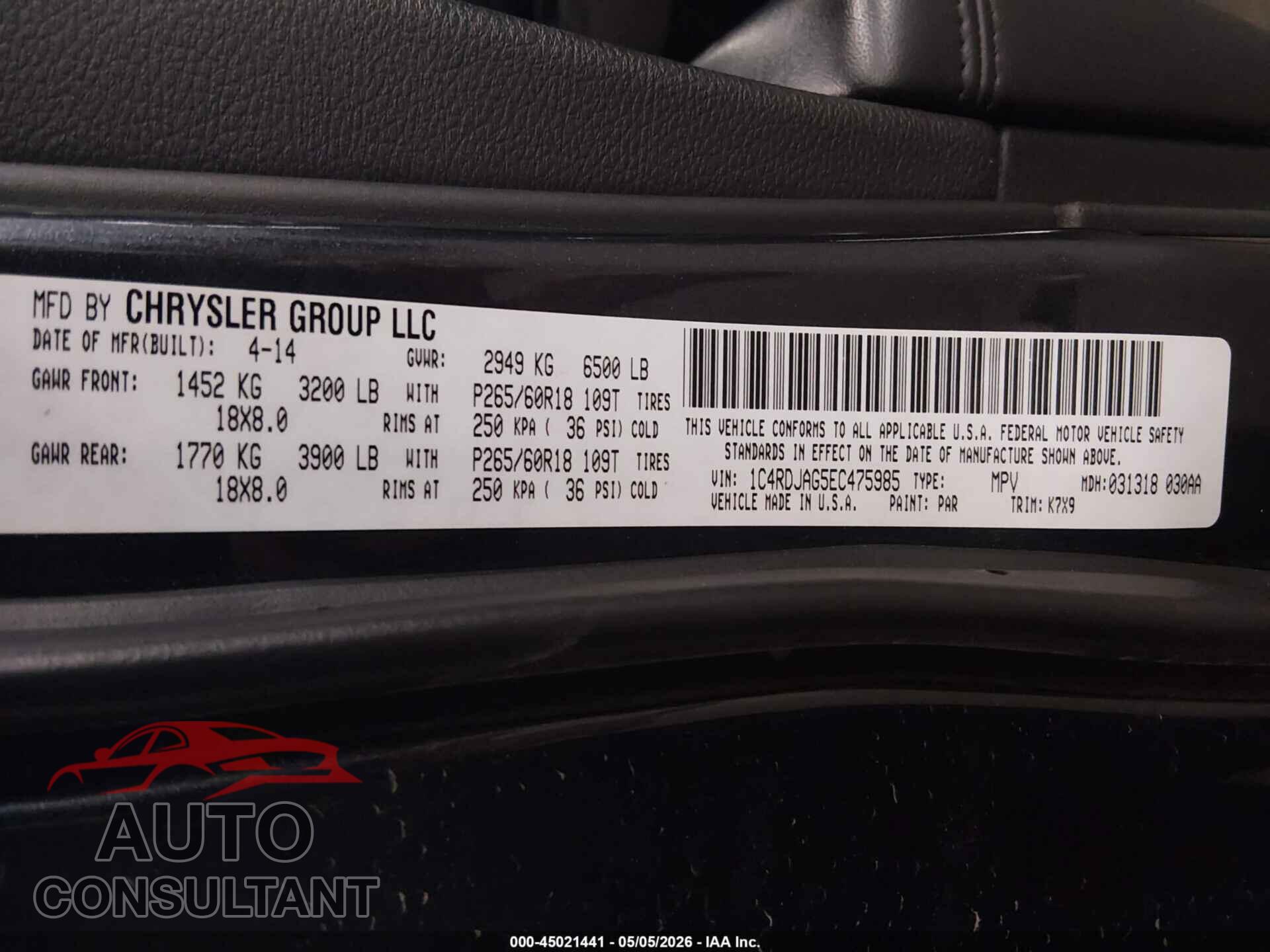DODGE DURANGO 2014 - 1C4RDJAG5EC475985