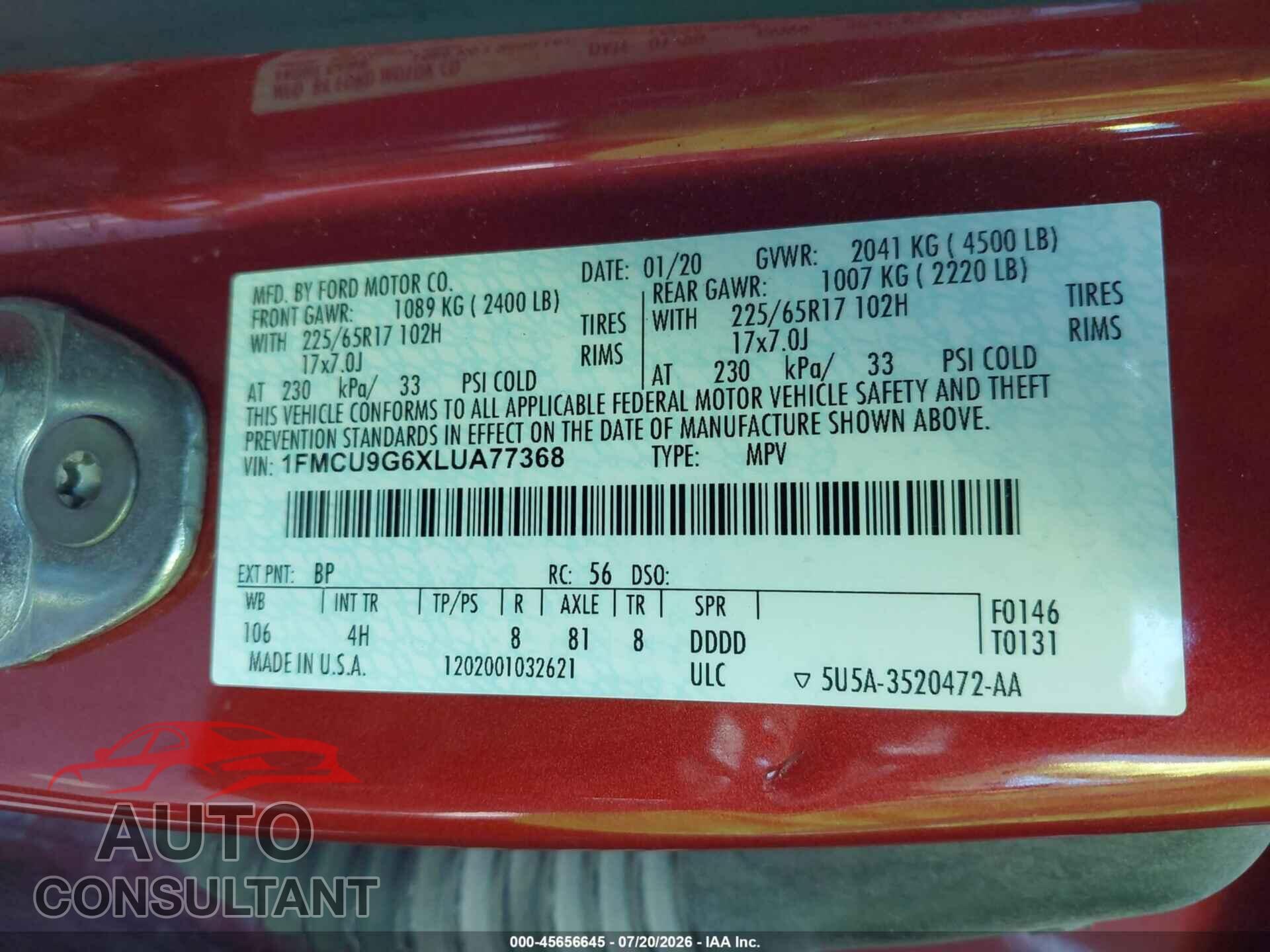 FORD ESCAPE 2020 - 1FMCU9G6XLUA77368