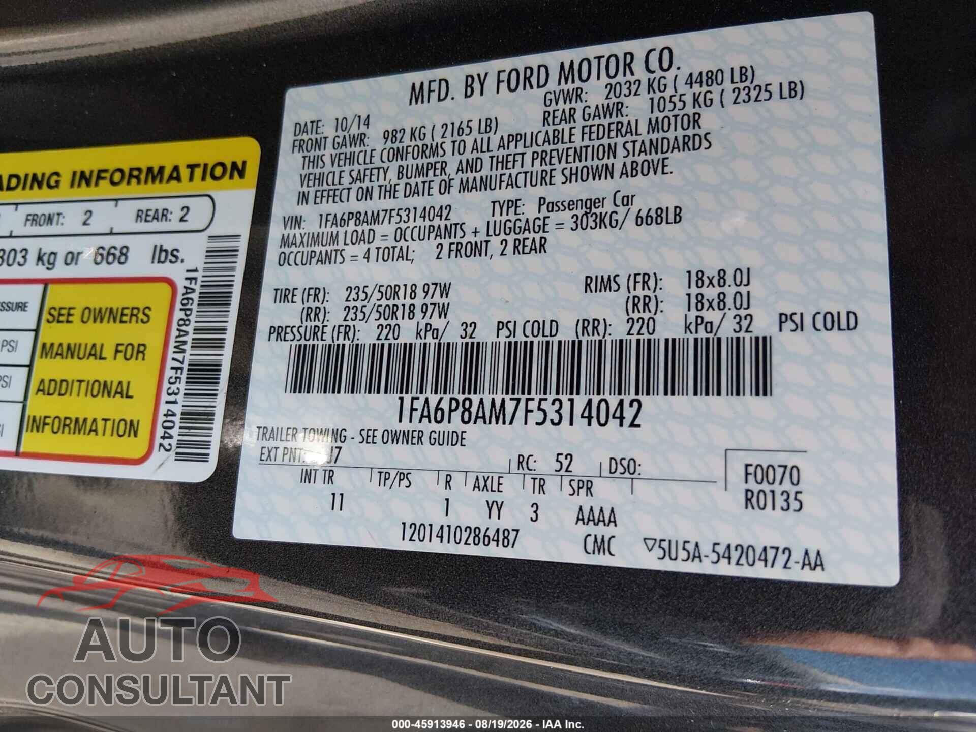 FORD MUSTANG 2015 - 1FA6P8AM7F5314042
