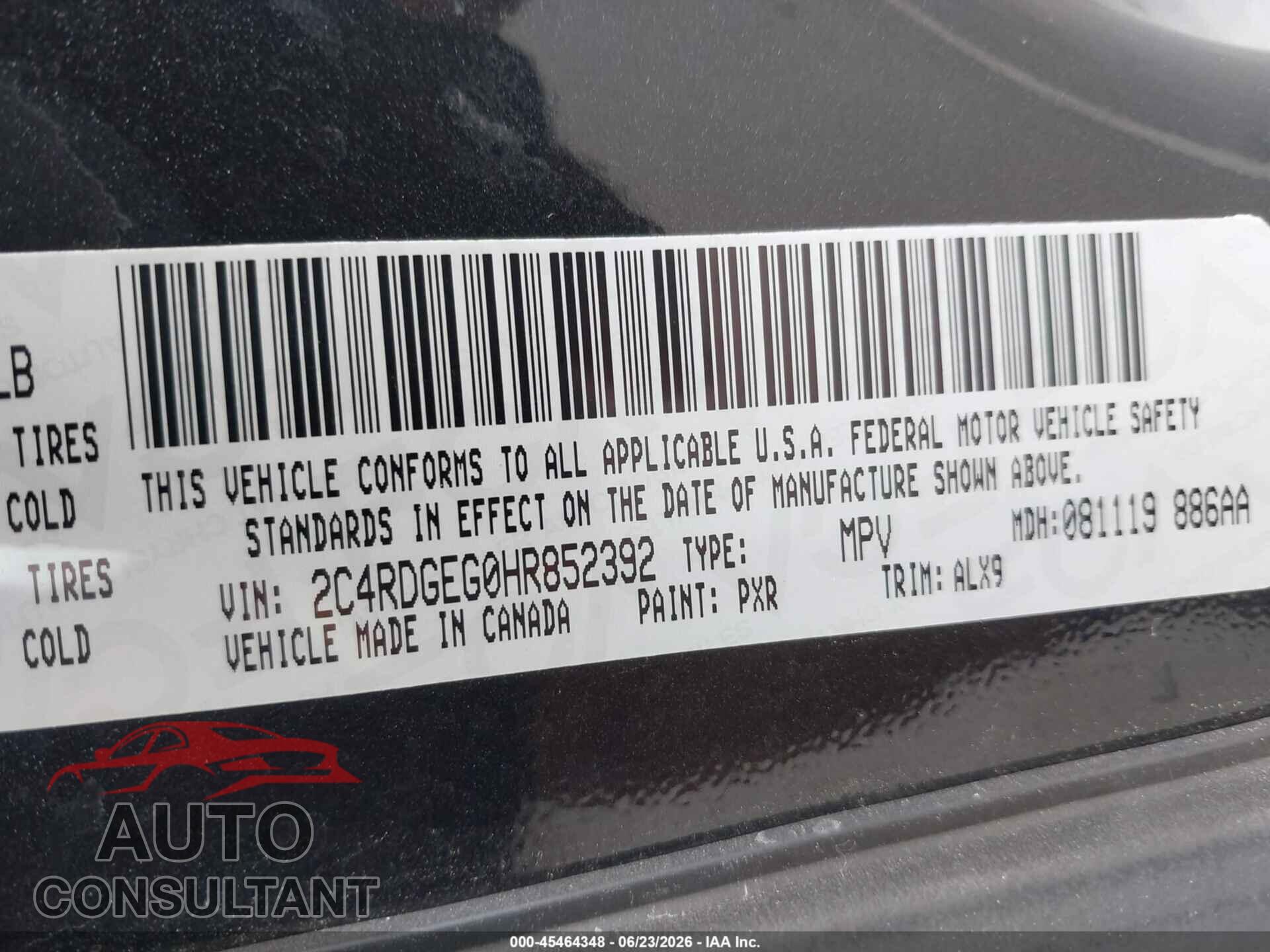 DODGE GRAND CARAVAN 2017 - 2C4RDGEG0HR852392