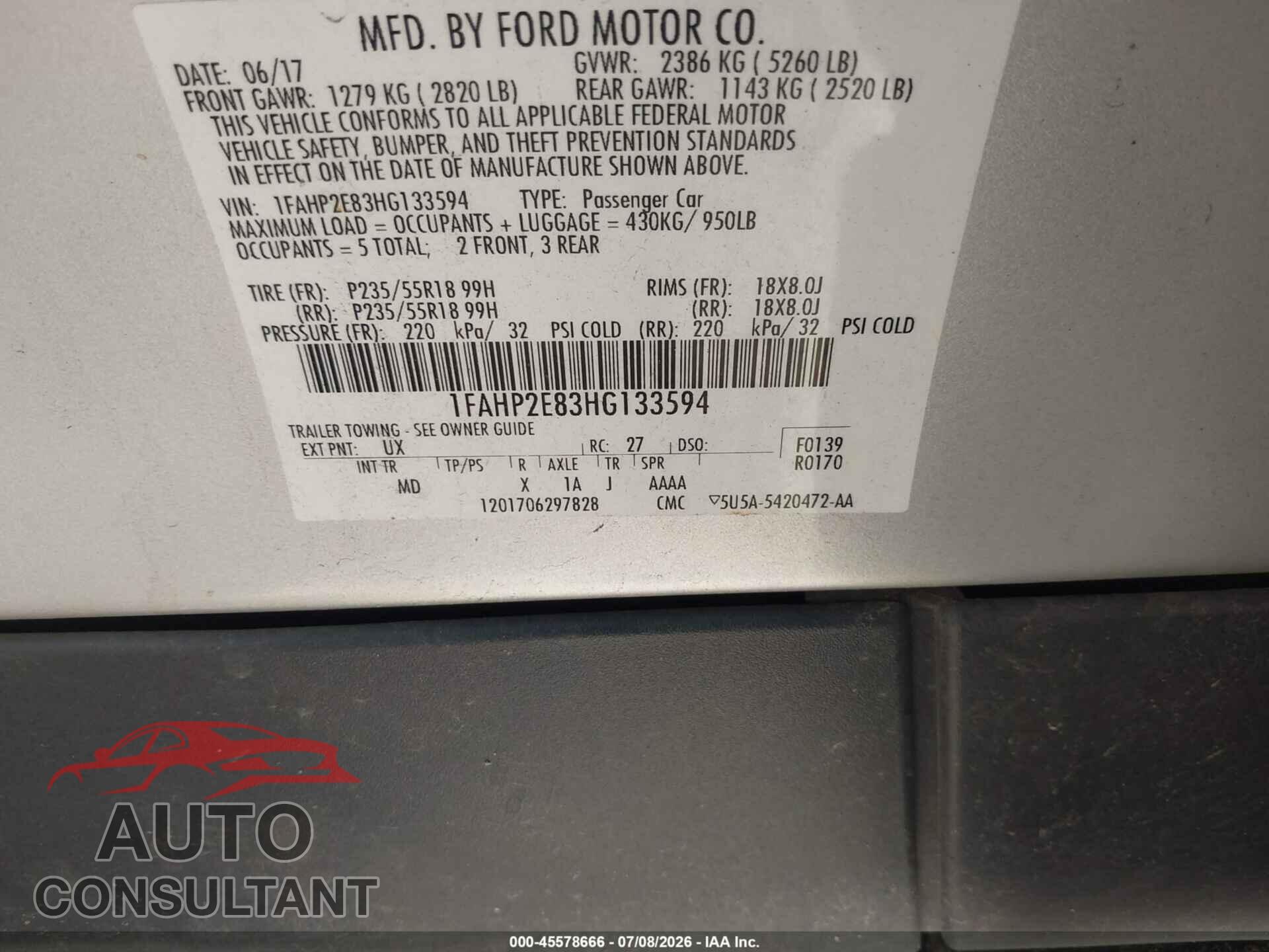 FORD TAURUS 2017 - 1FAHP2E83HG133594
