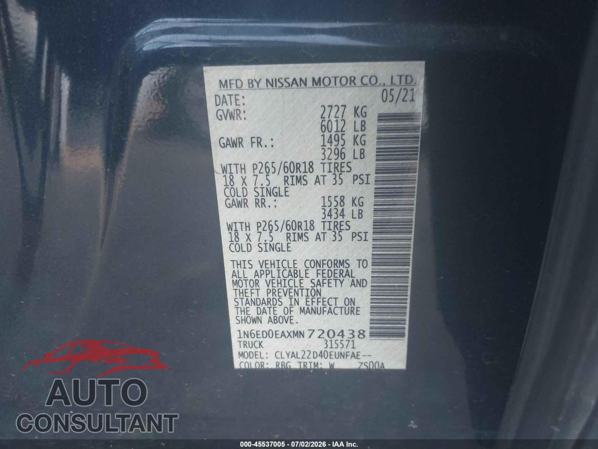 NISSAN FRONTIER 2021 - 1N6ED0EAXMN720438