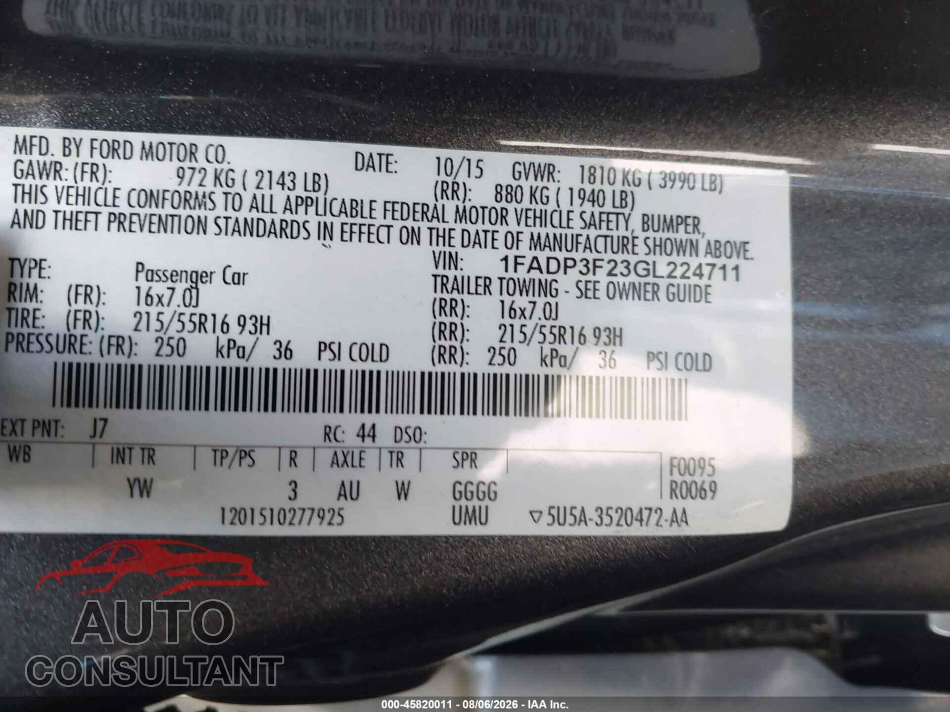 FORD FOCUS 2016 - 1FADP3F23GL224711