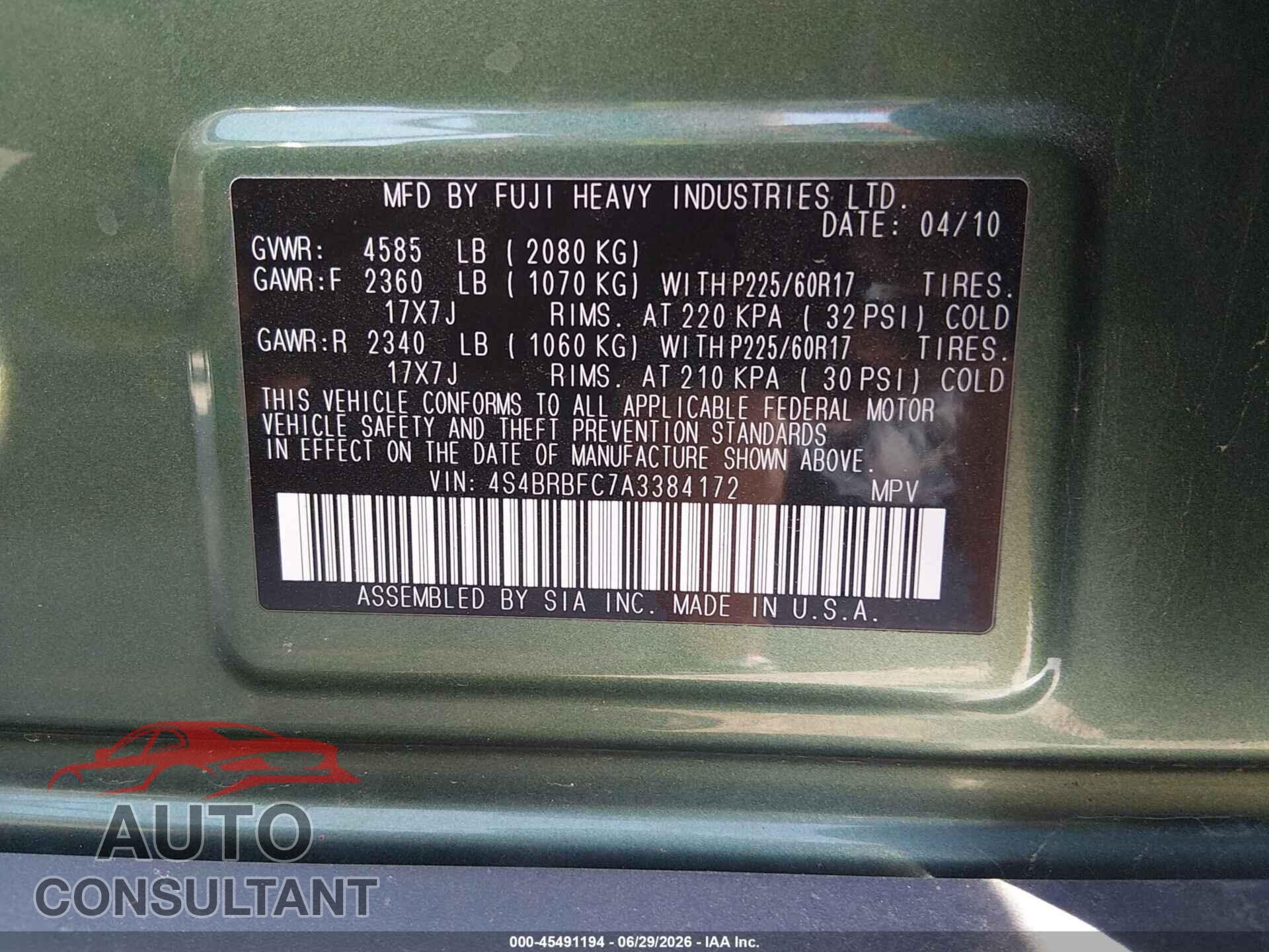 SUBARU OUTBACK 2010 - 4S4BRBFC7A3384172