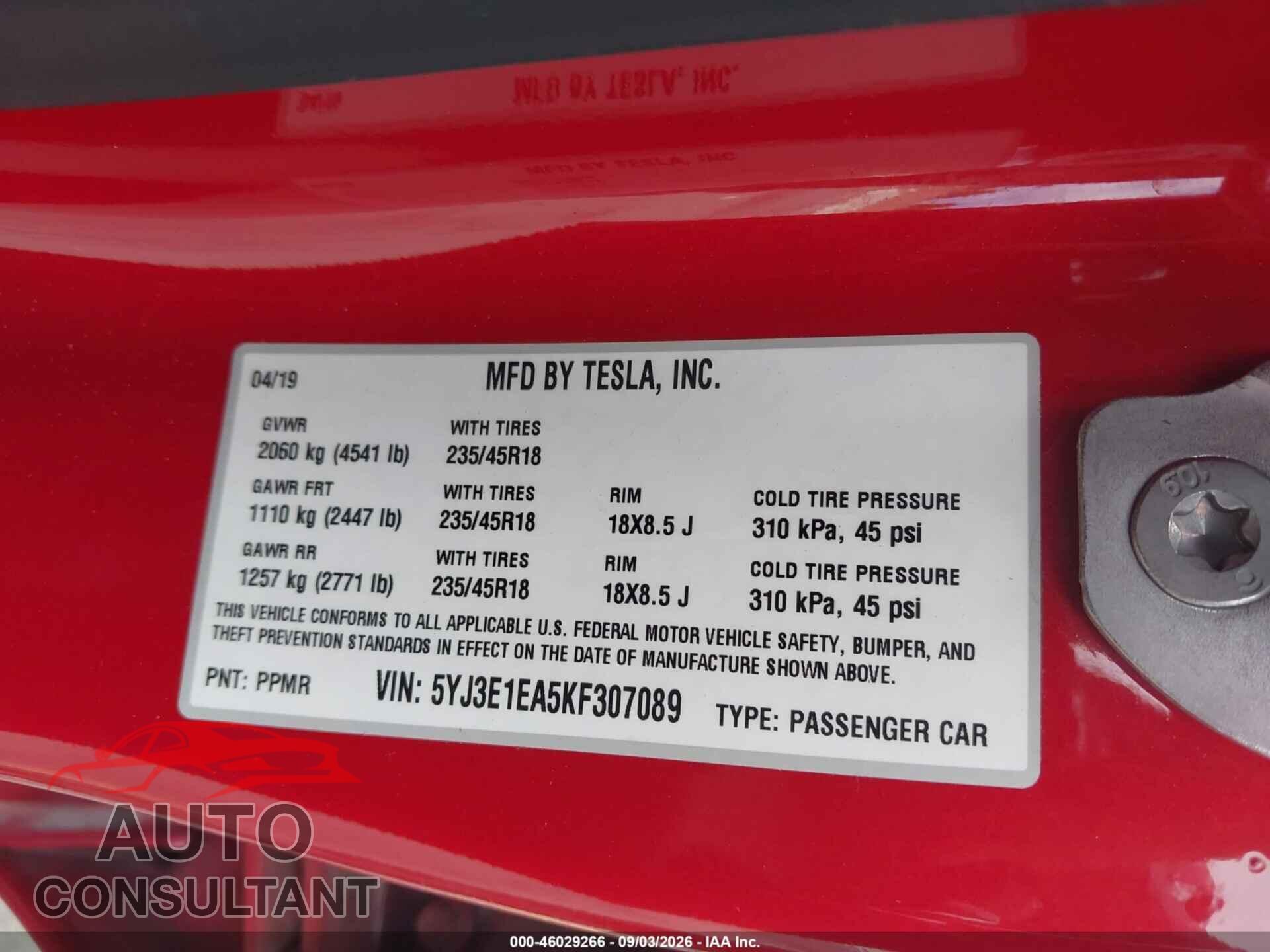 TESLA MODEL 3 2019 - 5YJ3E1EA5KF307089