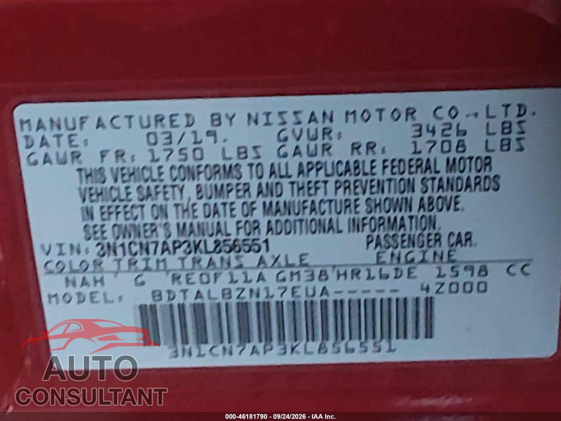 NISSAN VERSA 2019 - 3N1CN7AP3KL856551