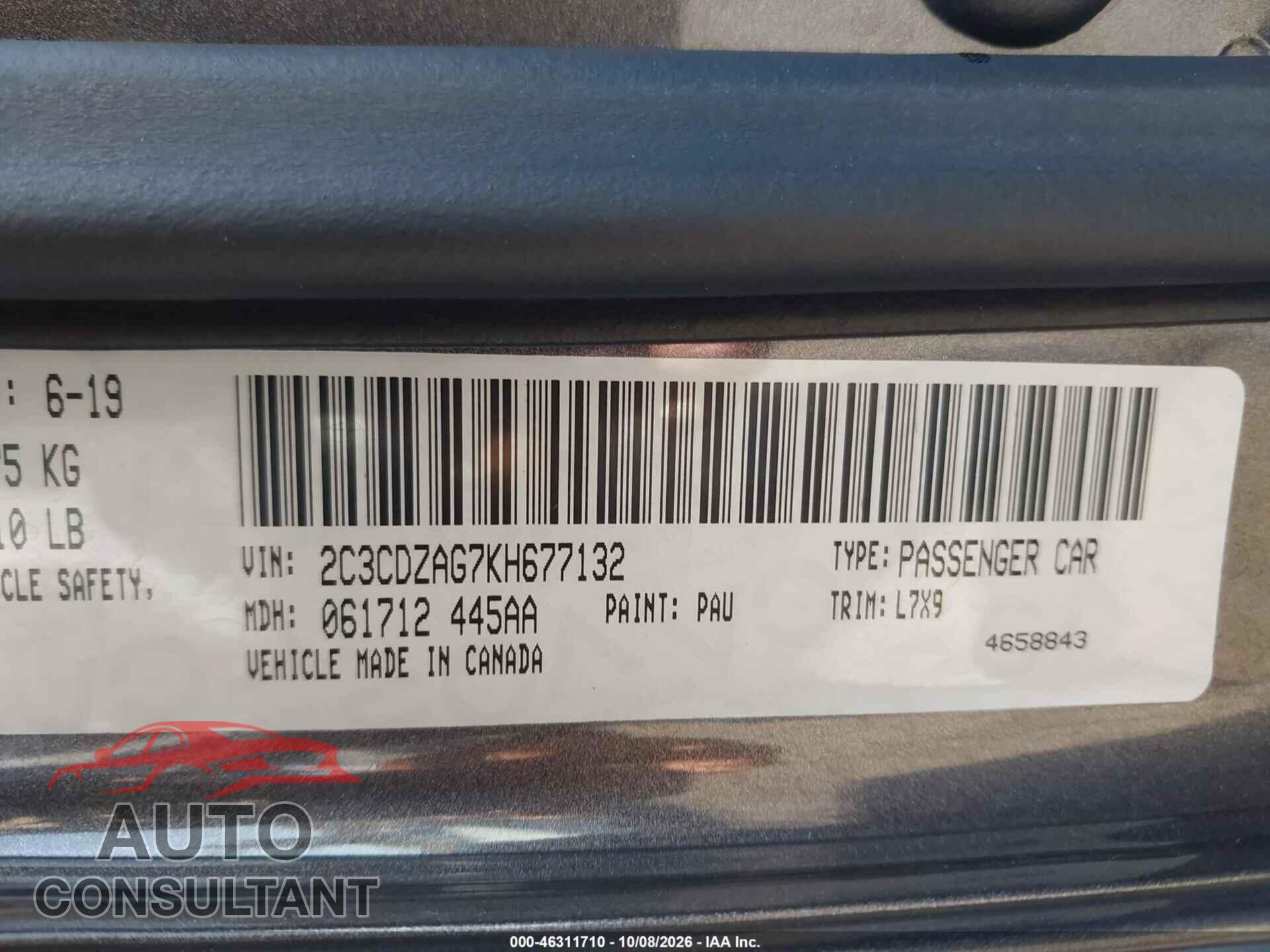 DODGE CHALLENGER 2019 - 2C3CDZAG7KH677132