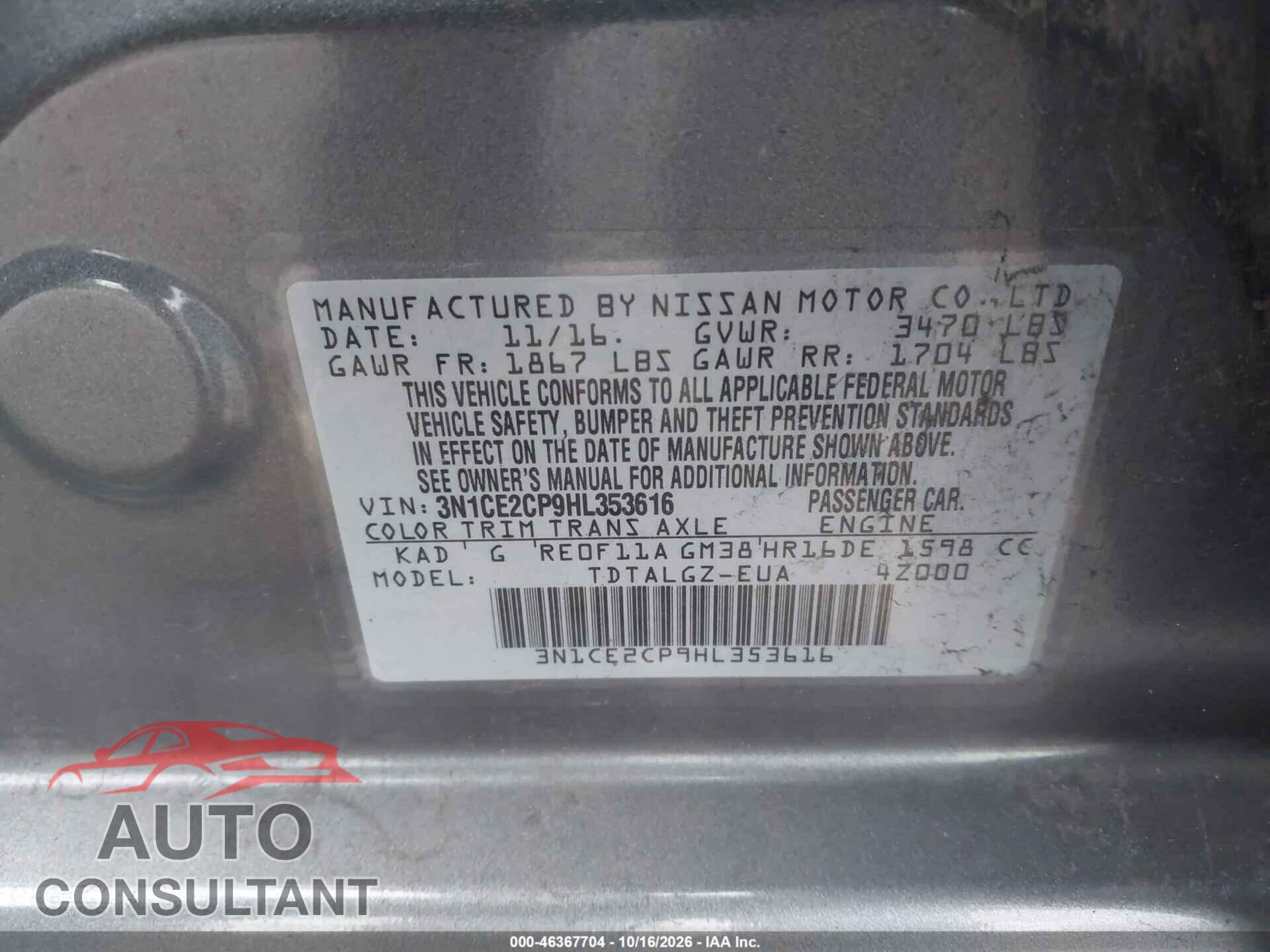 NISSAN VERSA NOTE 2017 - 3N1CE2CP9HL353616