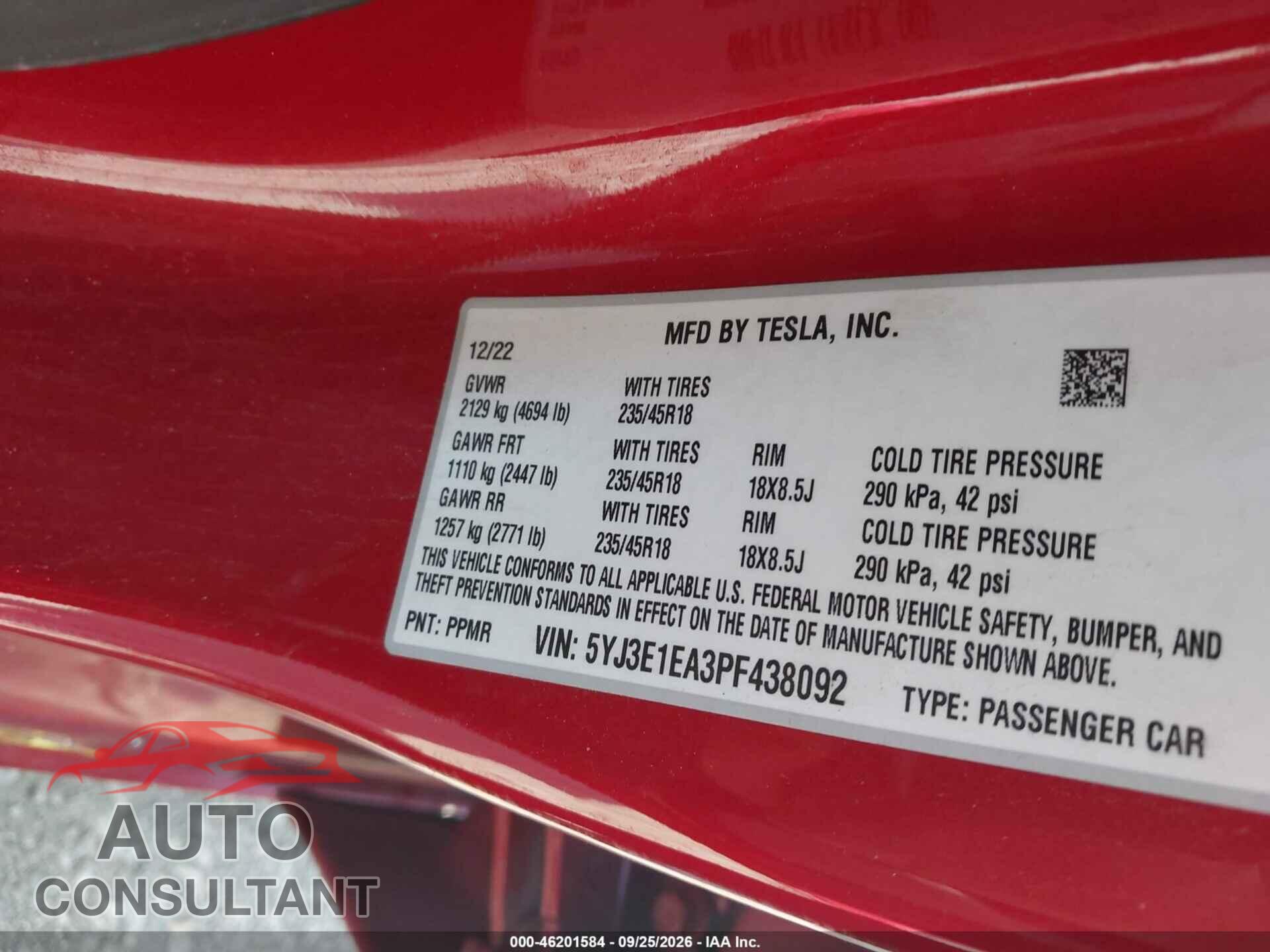TESLA MODEL 3 2023 - 5YJ3E1EA3PF438092