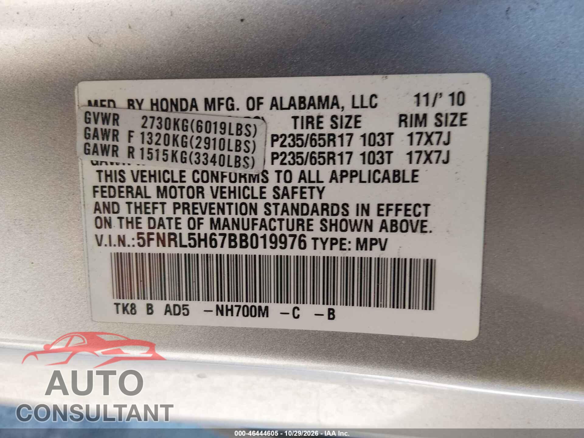 HONDA ODYSSEY 2011 - 5FNRL5H67BB019976