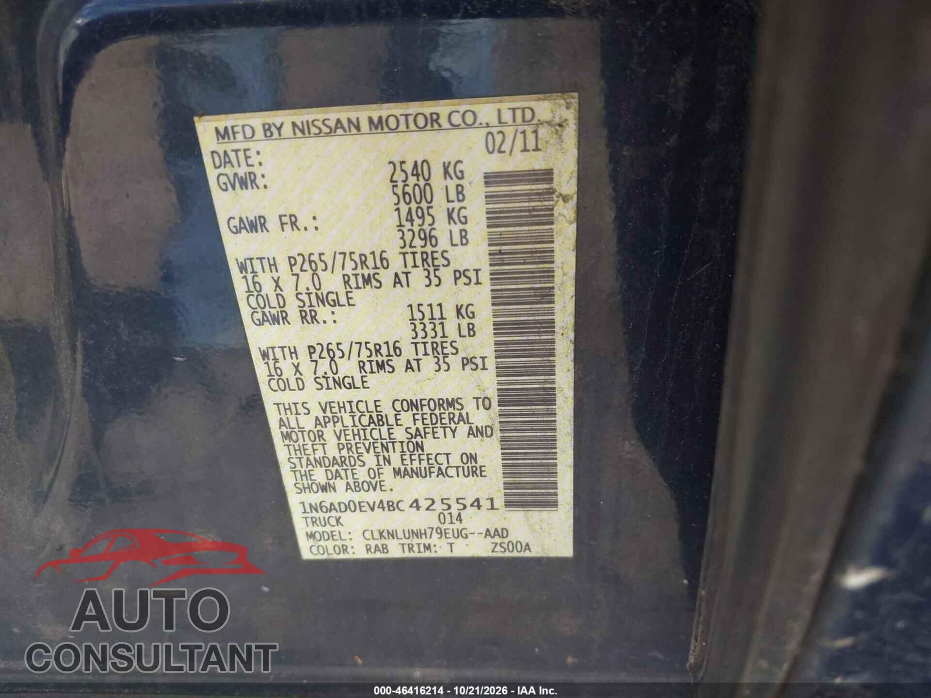 NISSAN FRONTIER 2011 - 1N6AD0EV4BC425541