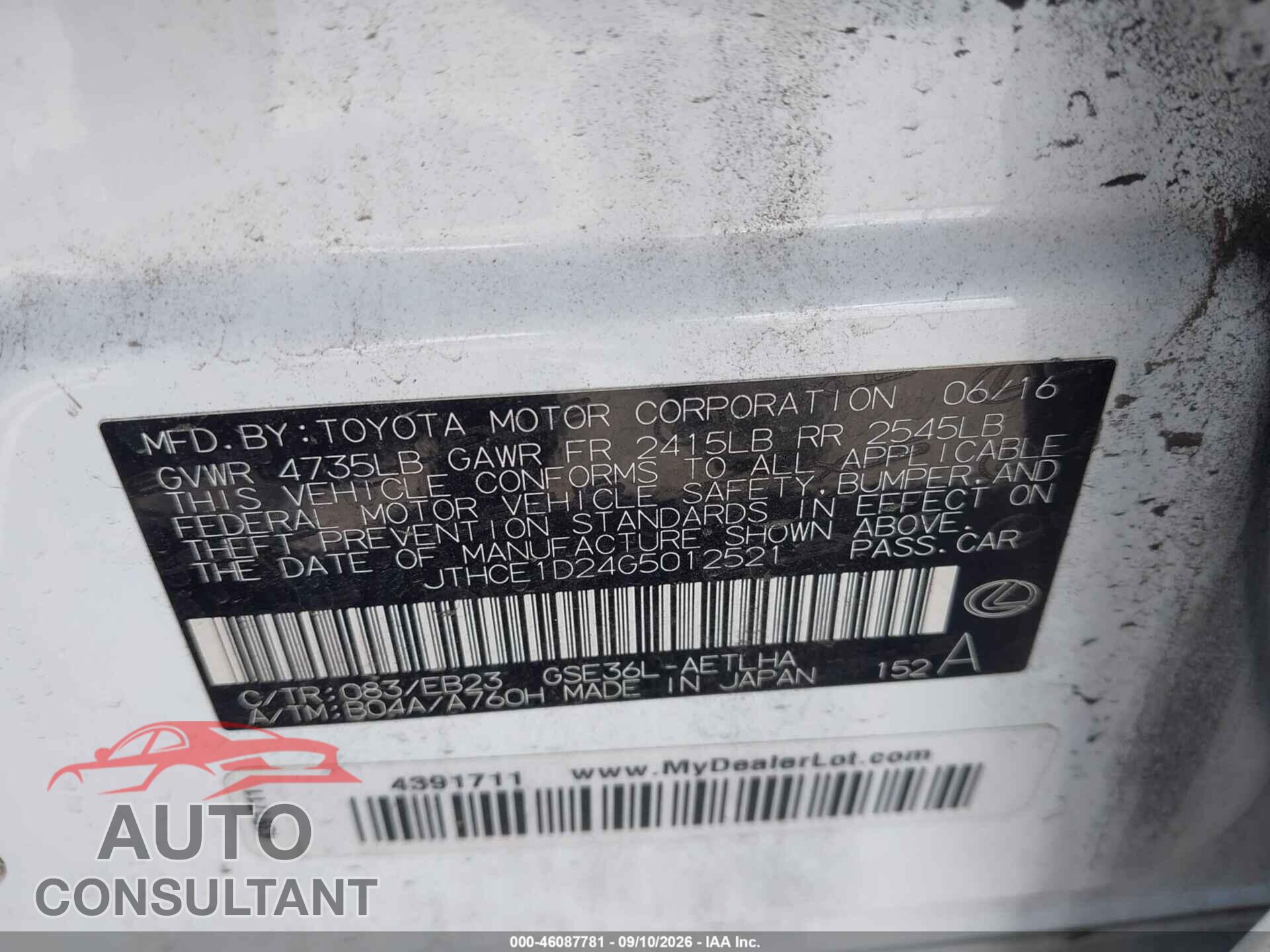 LEXUS IS 350 2016 - JTHCE1D24G5012521