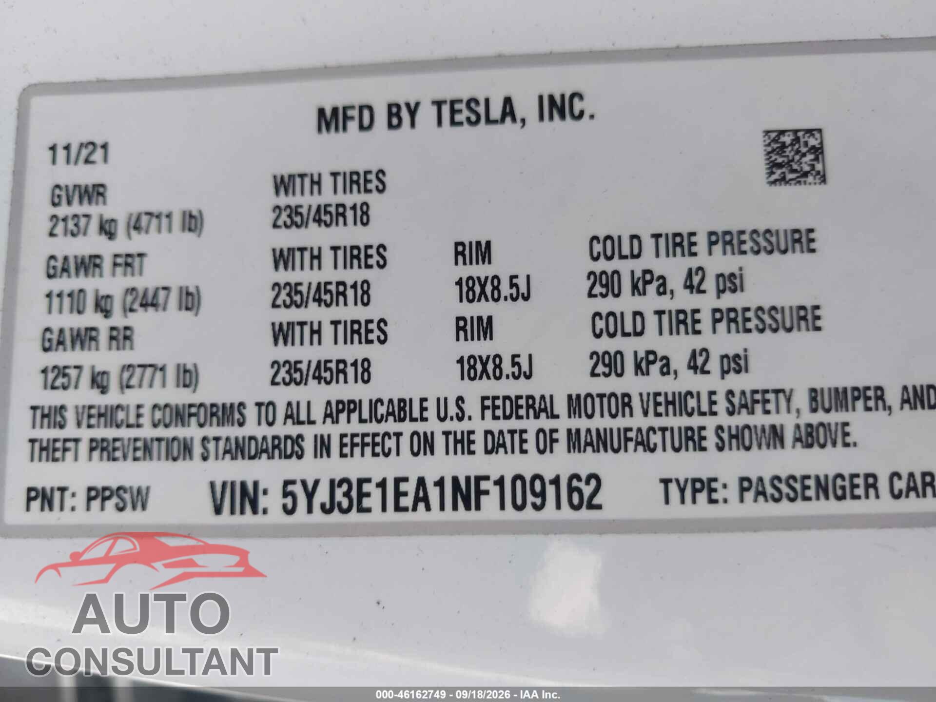TESLA MODEL 3 2022 - 5YJ3E1EA1NF109162