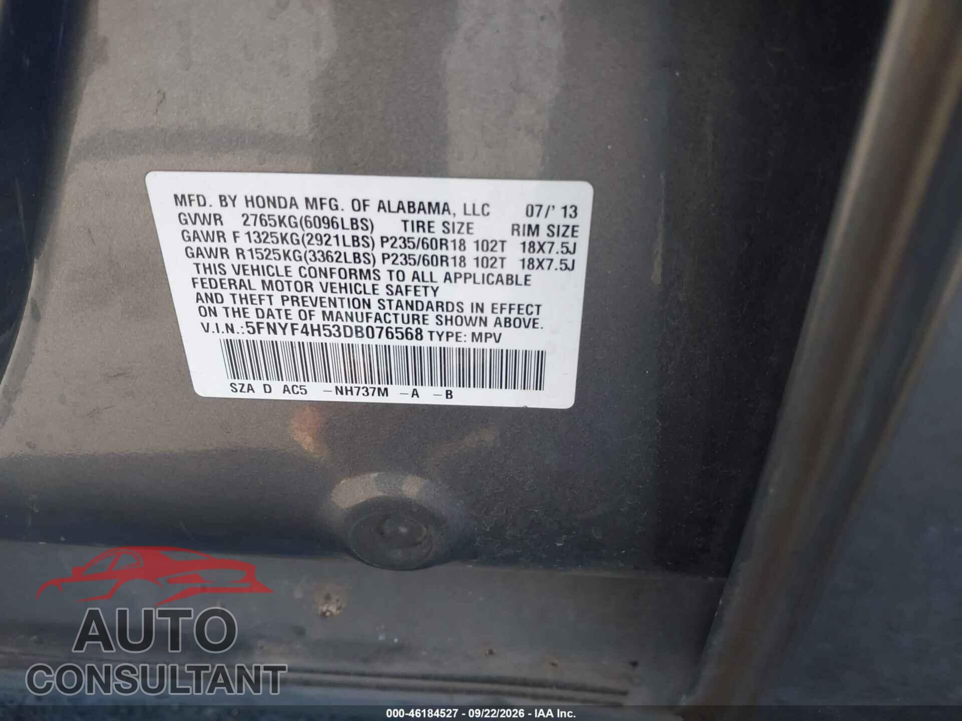 HONDA PILOT 2013 - 5FNYF4H53DB076568