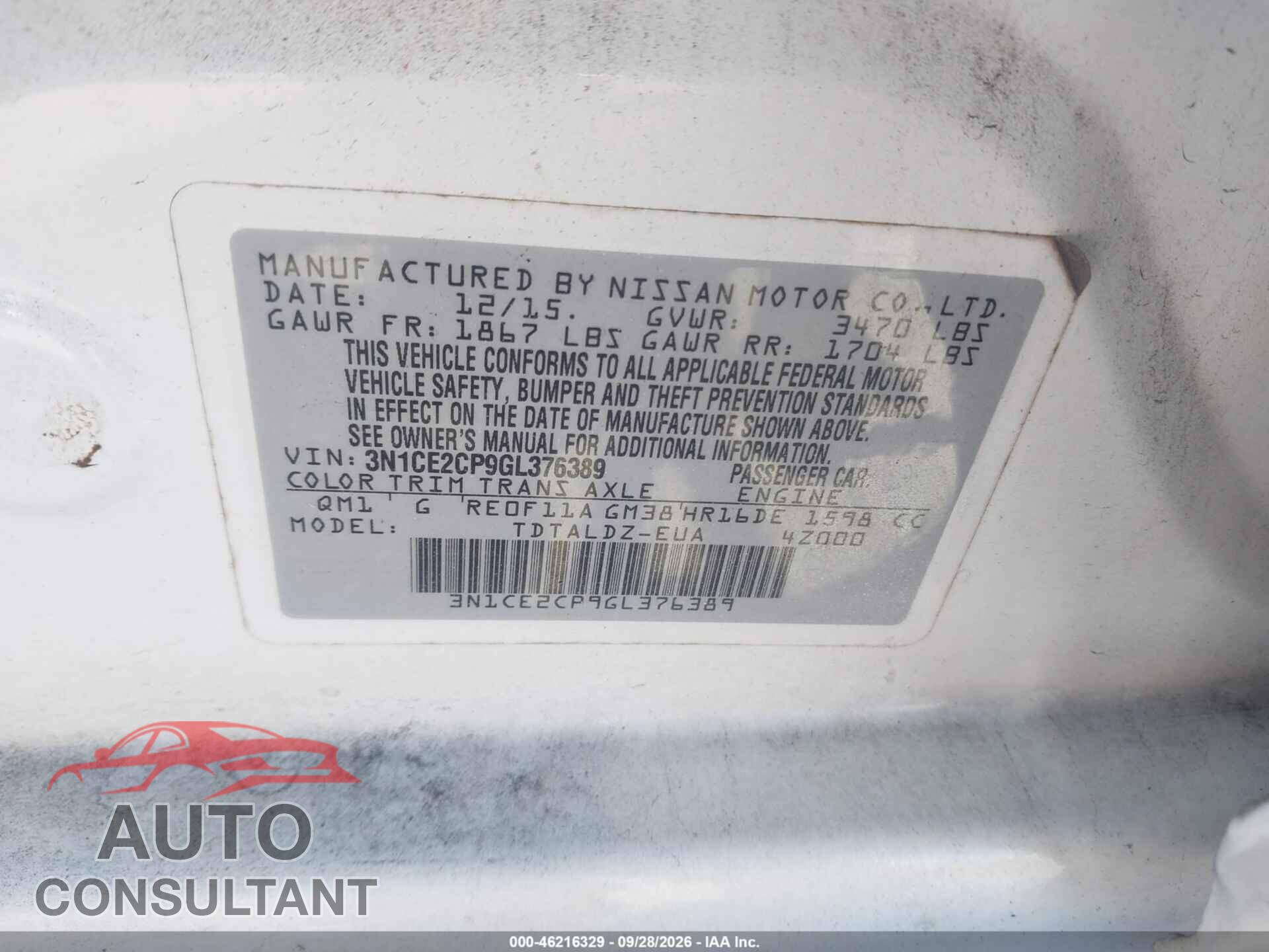 NISSAN VERSA NOTE 2016 - 3N1CE2CP9GL376389