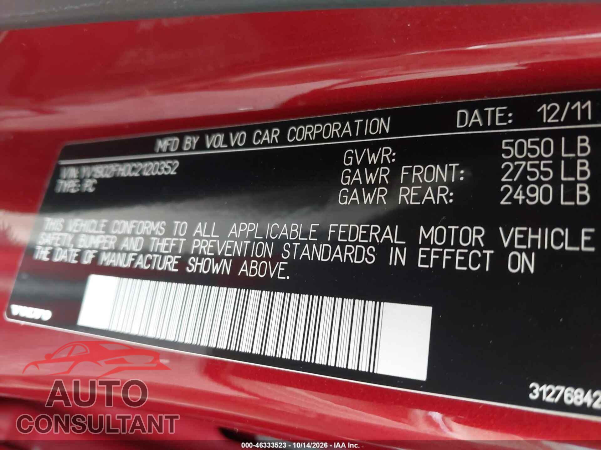 VOLVO S60 2012 - YV1902FH0C2120352