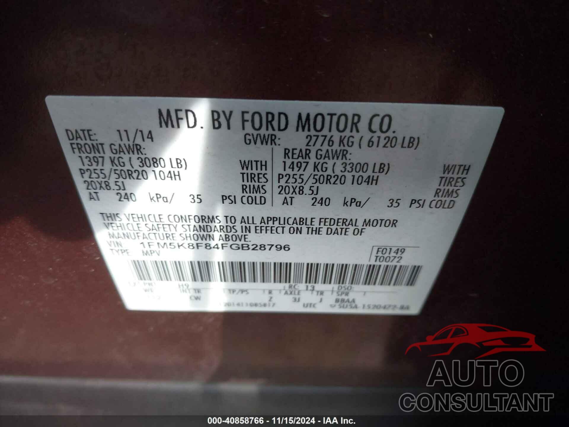 FORD EXPLORER 2015 - 1FM5K8F84FGB28796