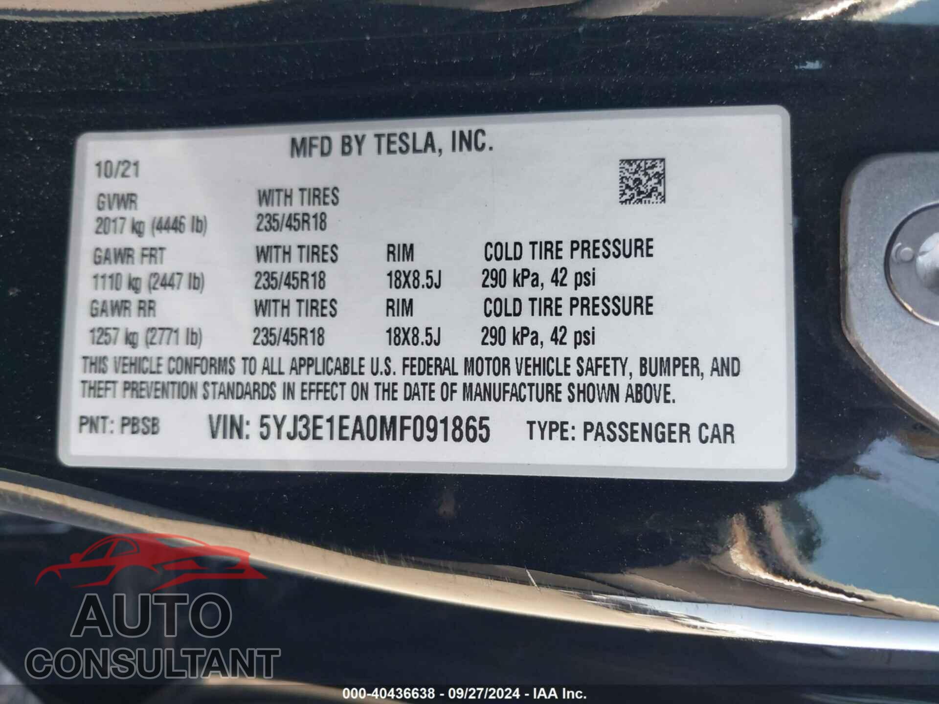 TESLA MODEL 3 2021 - 5YJ3E1EA0MF091865